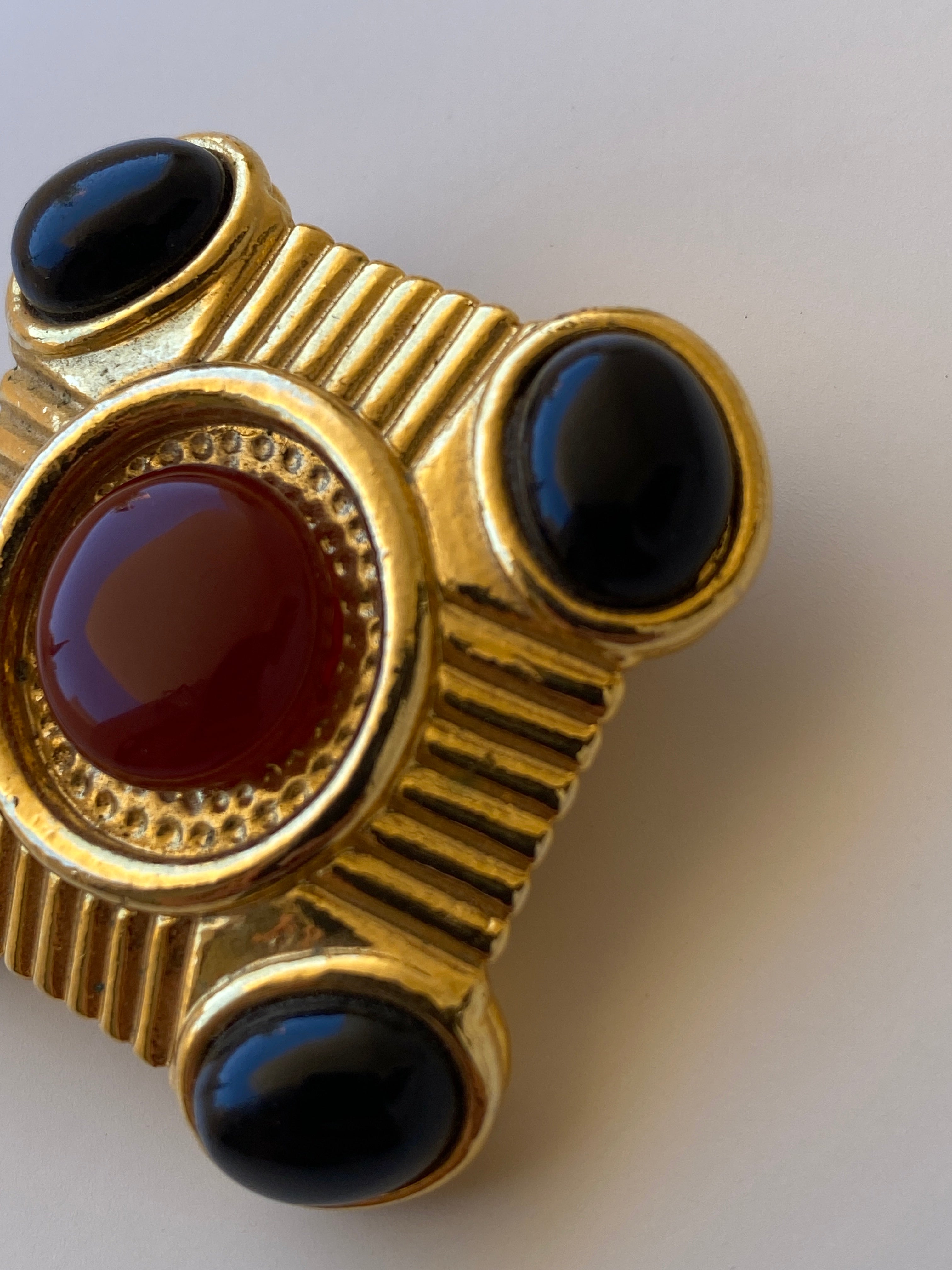 Vintage Gold Tone Cabochon Brooch Black & Amber Geometric Statement Pin