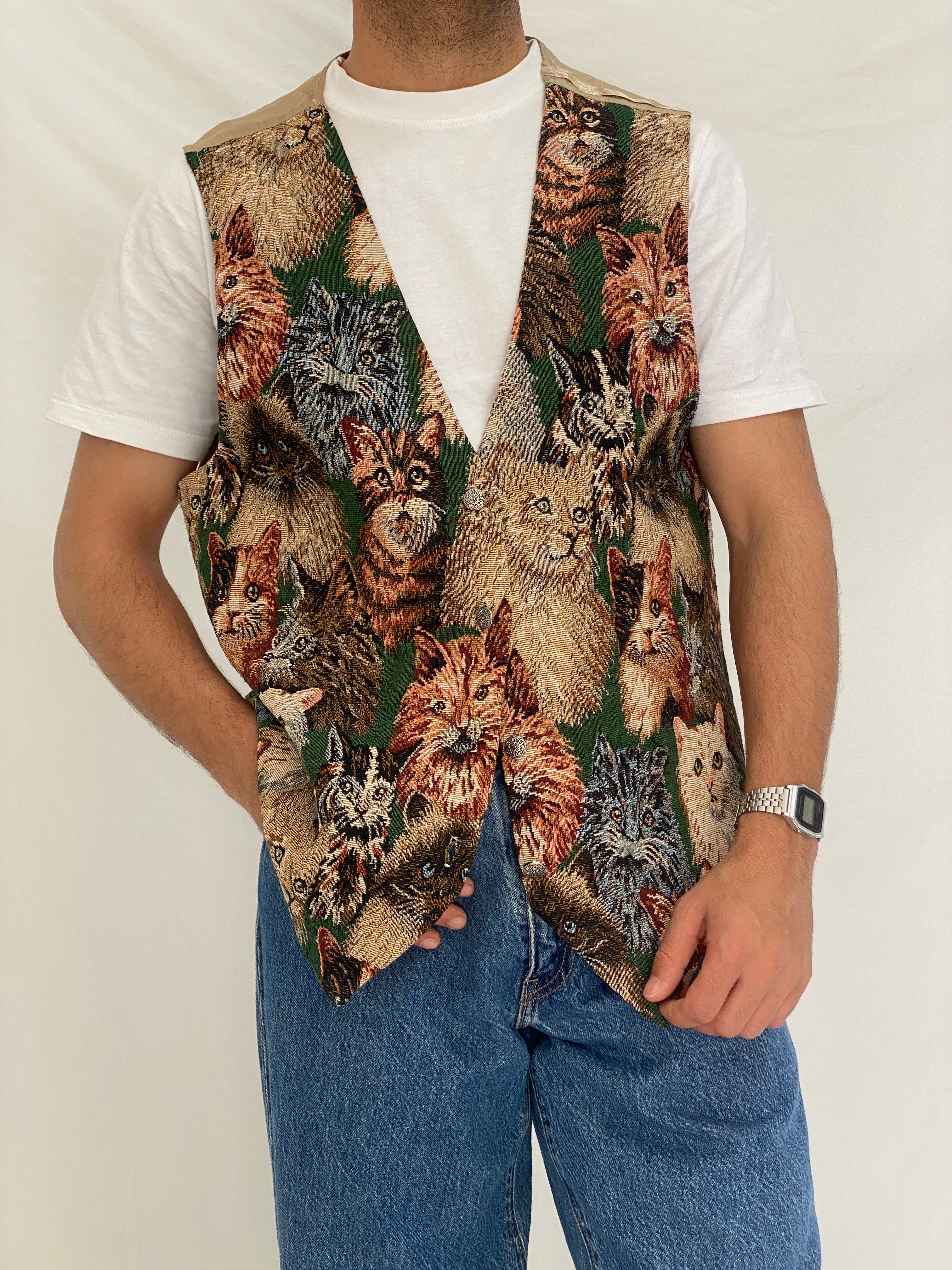 Vintage Partners II Cat Tapestry Cotton Blend Vest Novelty Animal Boho Waistcoat – L