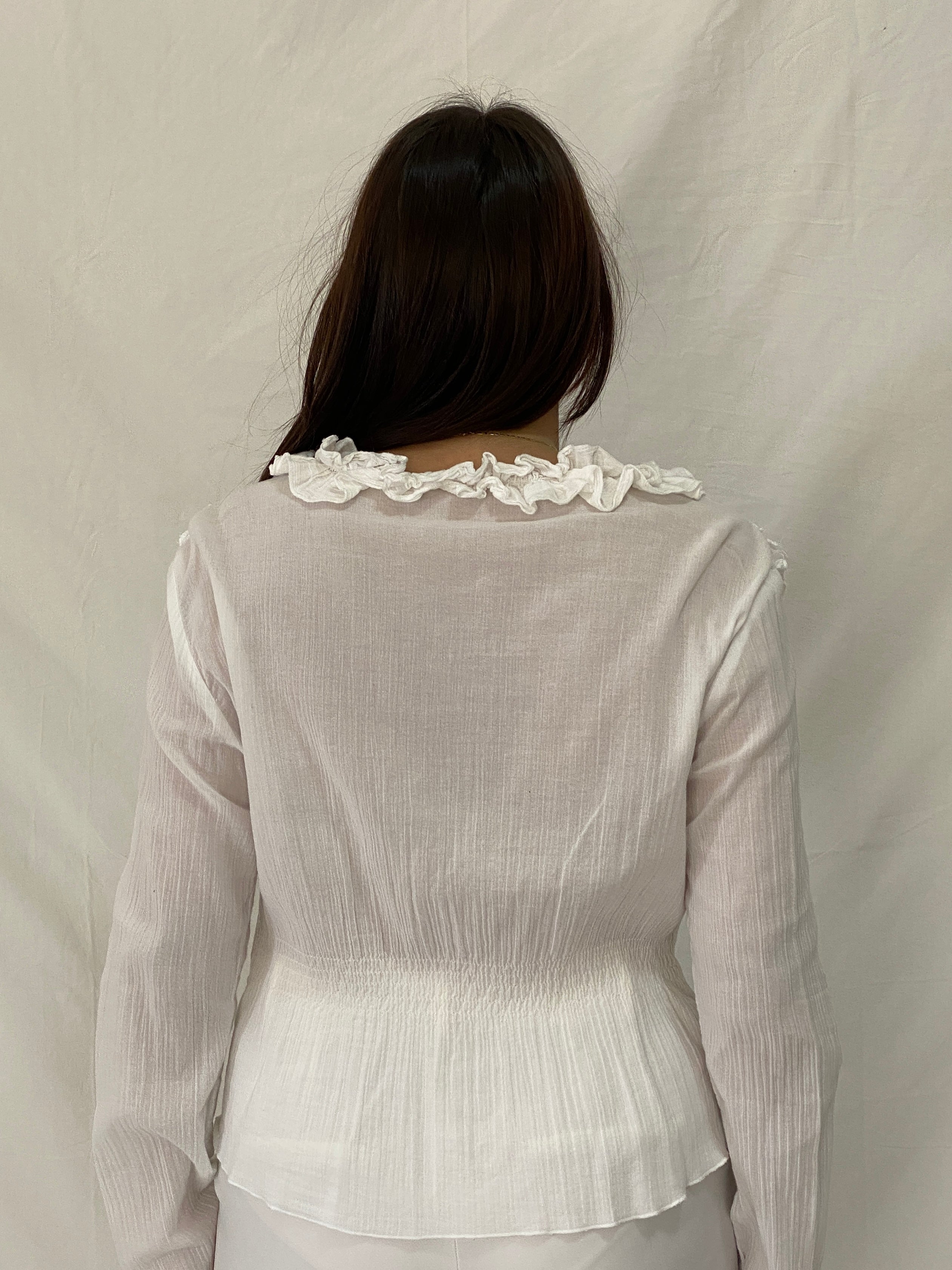 Vintage Y2K White Ruffled Sheer Cardigan Tie Front Romantic Fairy Grunge Blouse - L