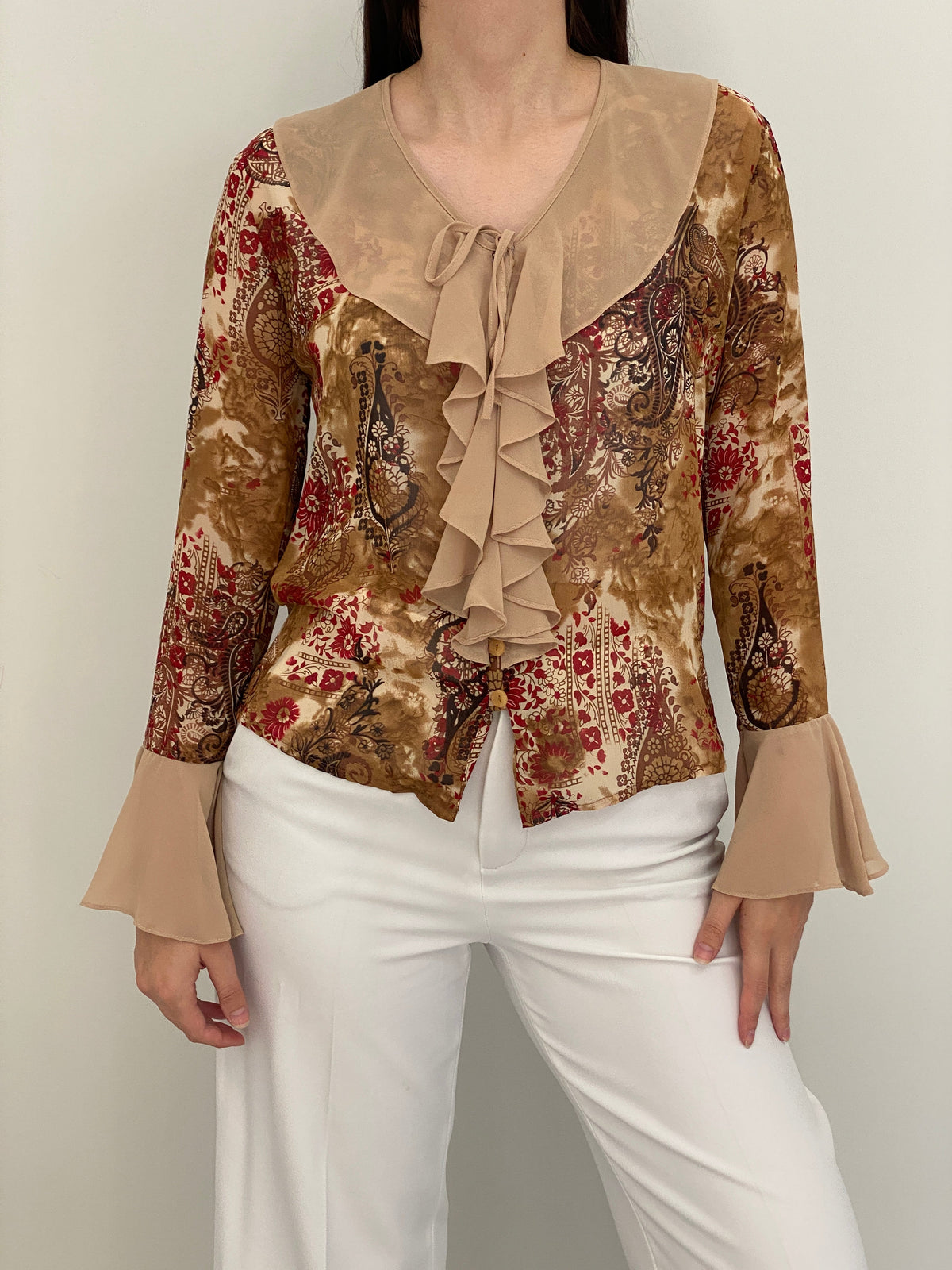 Vintage Y2K Yazen Beige Brown Paisley Floral Ruffle Bell Sleeve Blouse - M