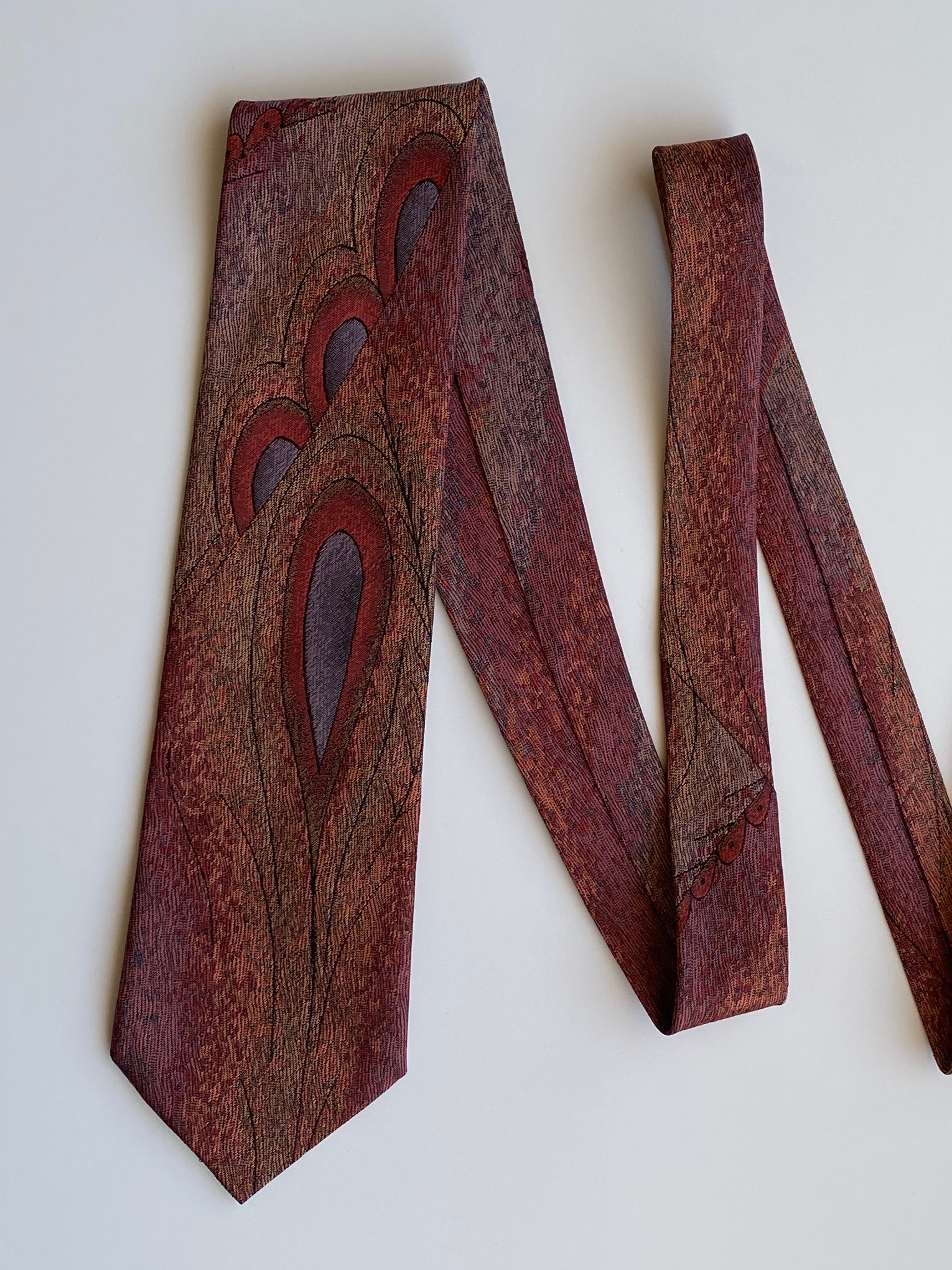 Vintage 1990s Rust Brown Abstract Paisley Polyester Wide Necktie