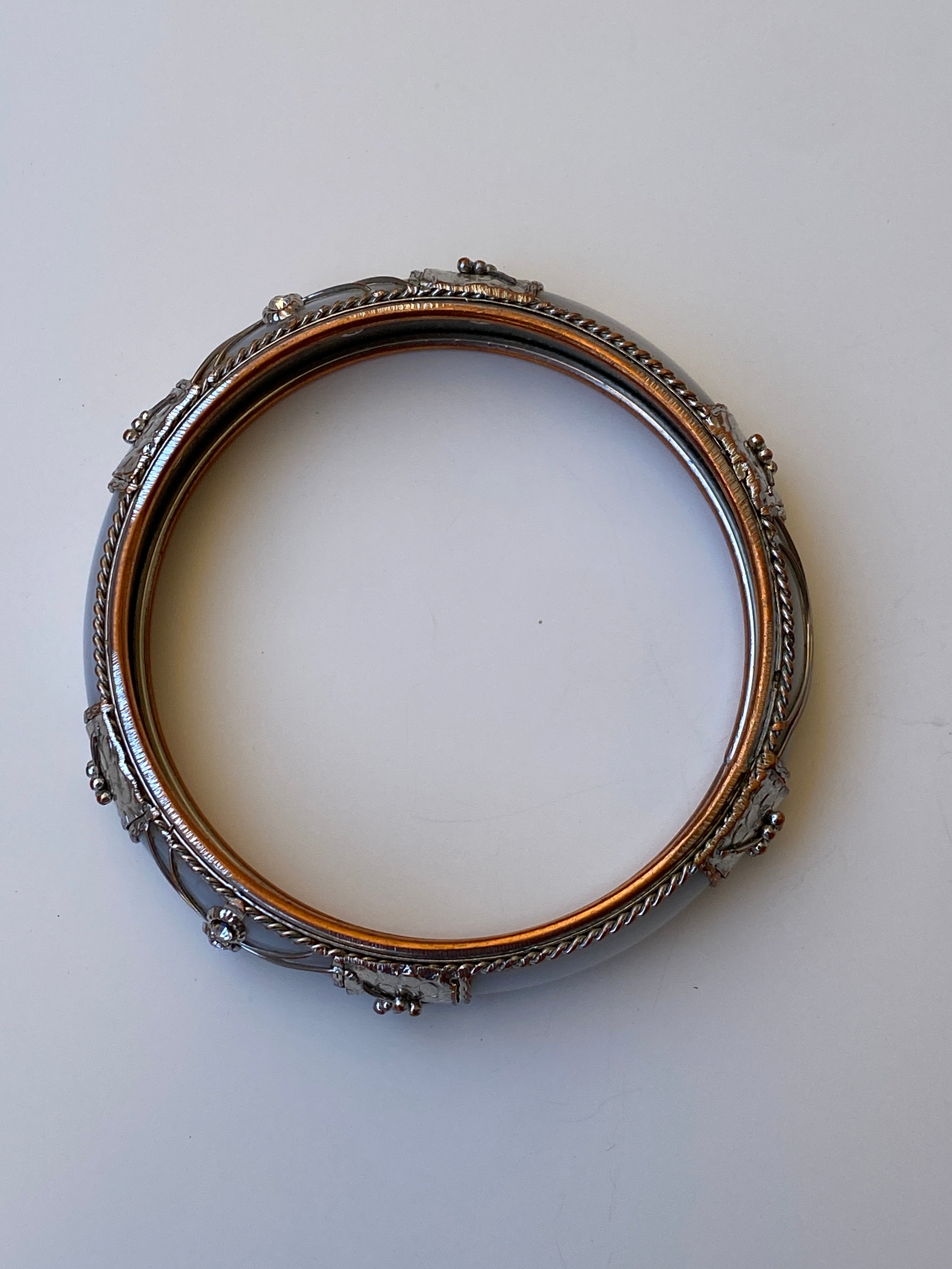 Vintage White Enamel & Silver-Tone Ornate Bangle Bracelet Rhinestone Detail