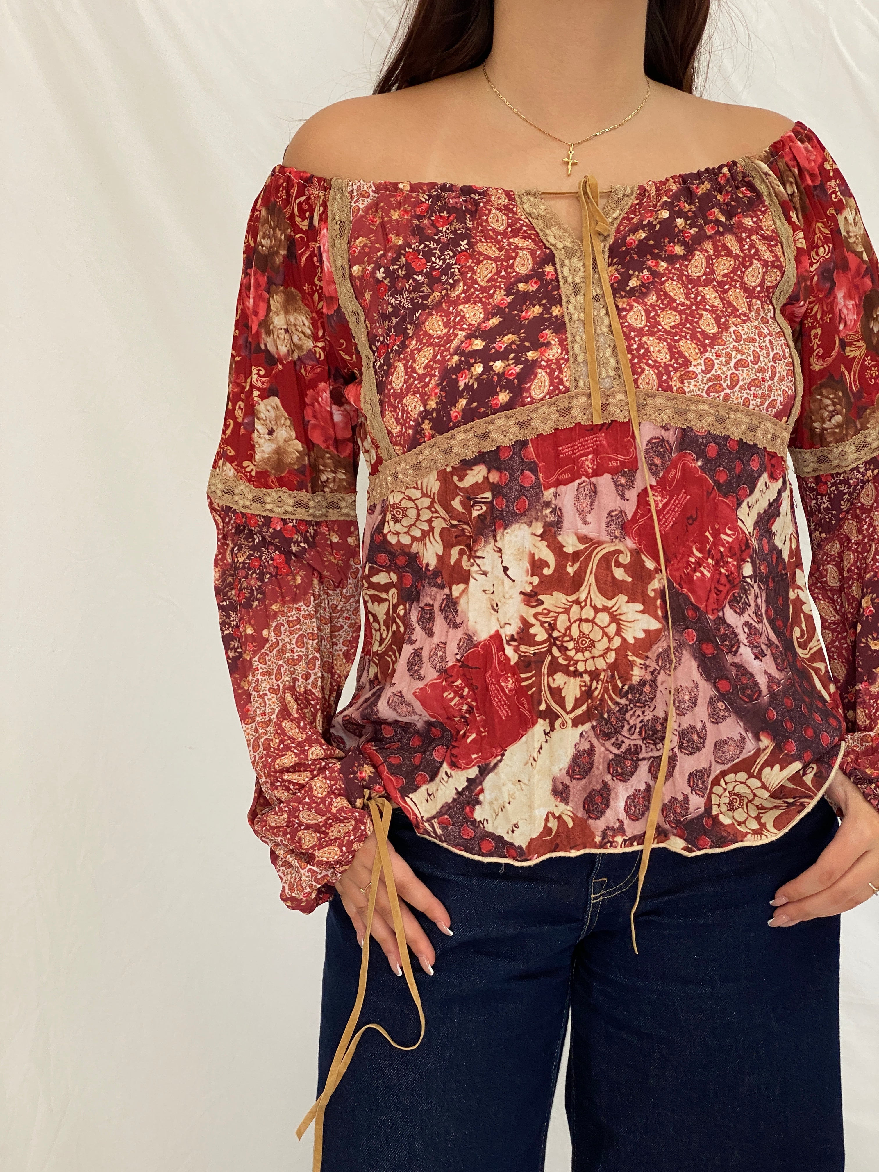 Vintage Y2K Fresh Wear Burgundy Patchwork Cottagecore Peasant Blouse - M