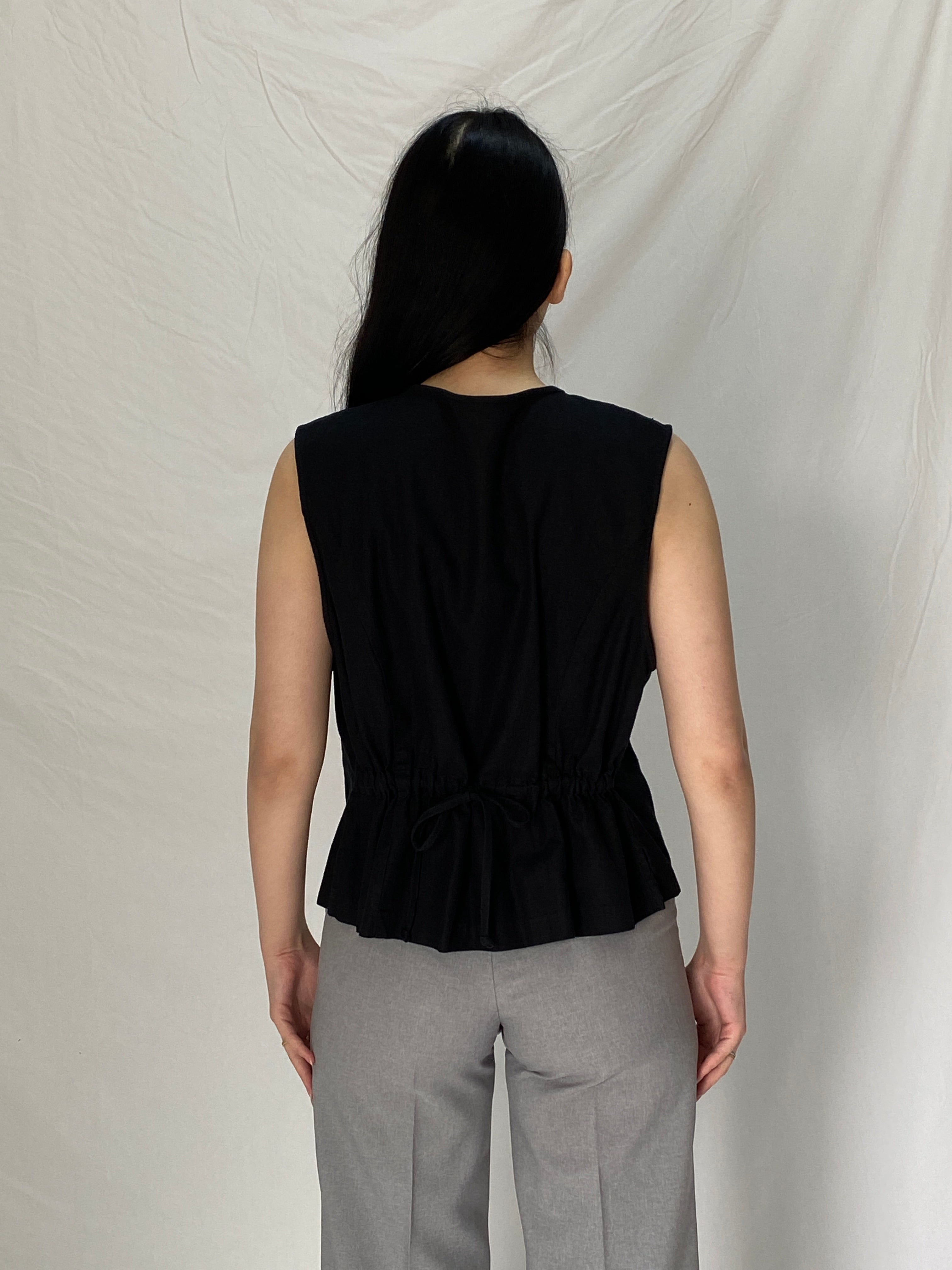 Vintage 1990s Robbie Bee Black Cotton Linen Blend Vest Gold Hardware Detail - XL