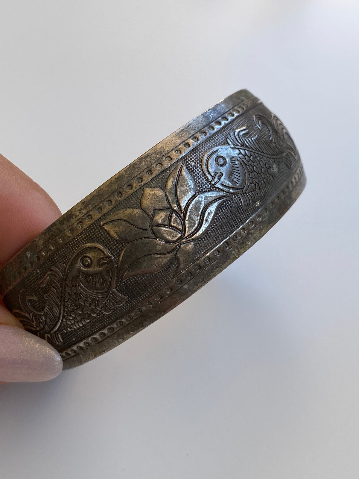 Vintage North African Style Silver-Tone Engraved Fish & Floral Wide Cuff Bracelet