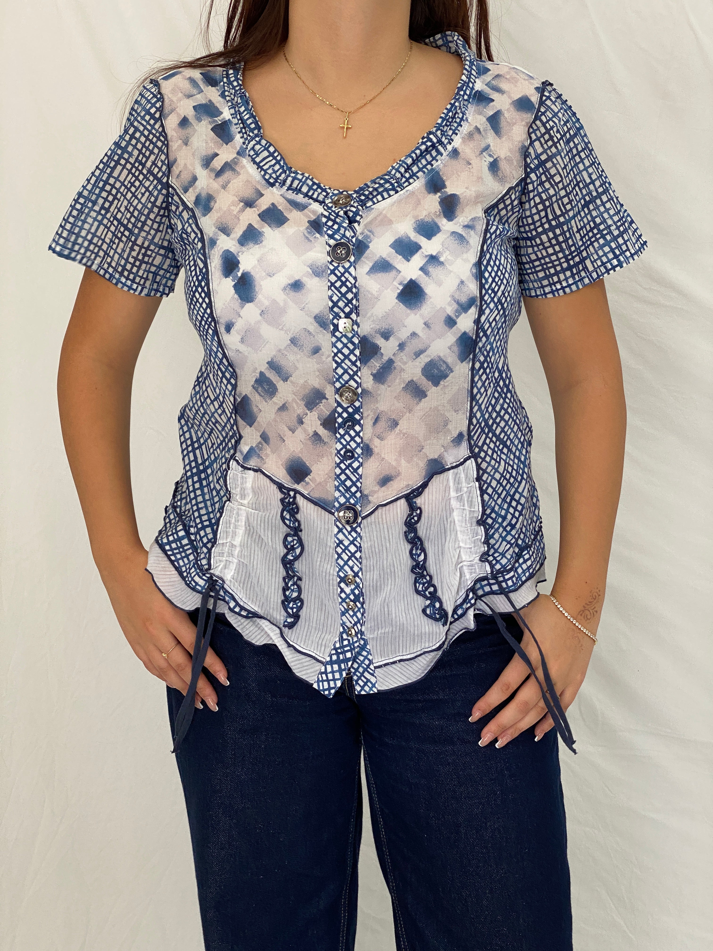 Vintage Y2K BiBA Blue Patchwork Mesh Button-Up Blouse - M