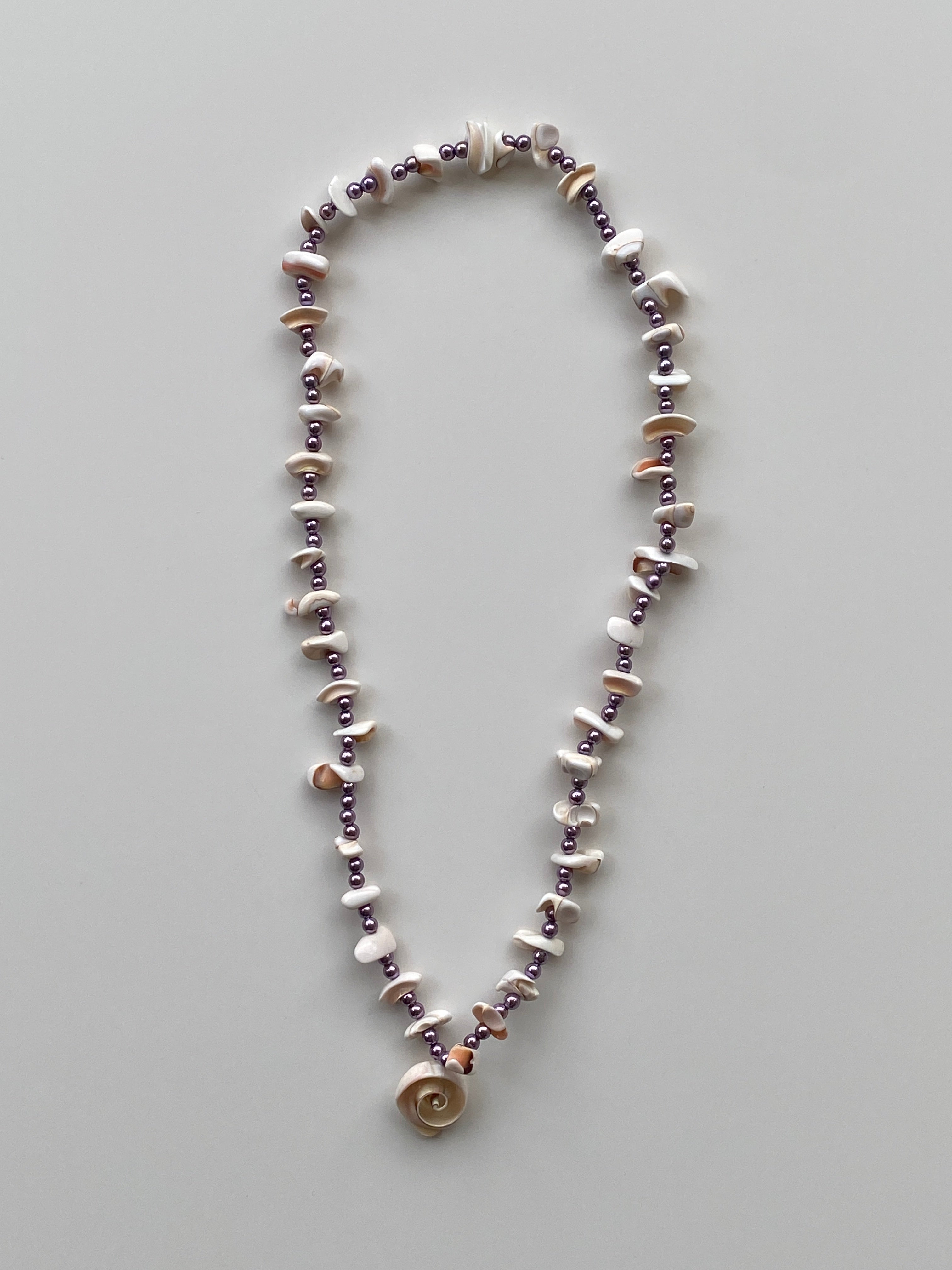 Vintage Natural Shell Chip & Lilac Pearl Bead Necklace with Spiral Shell Pendant