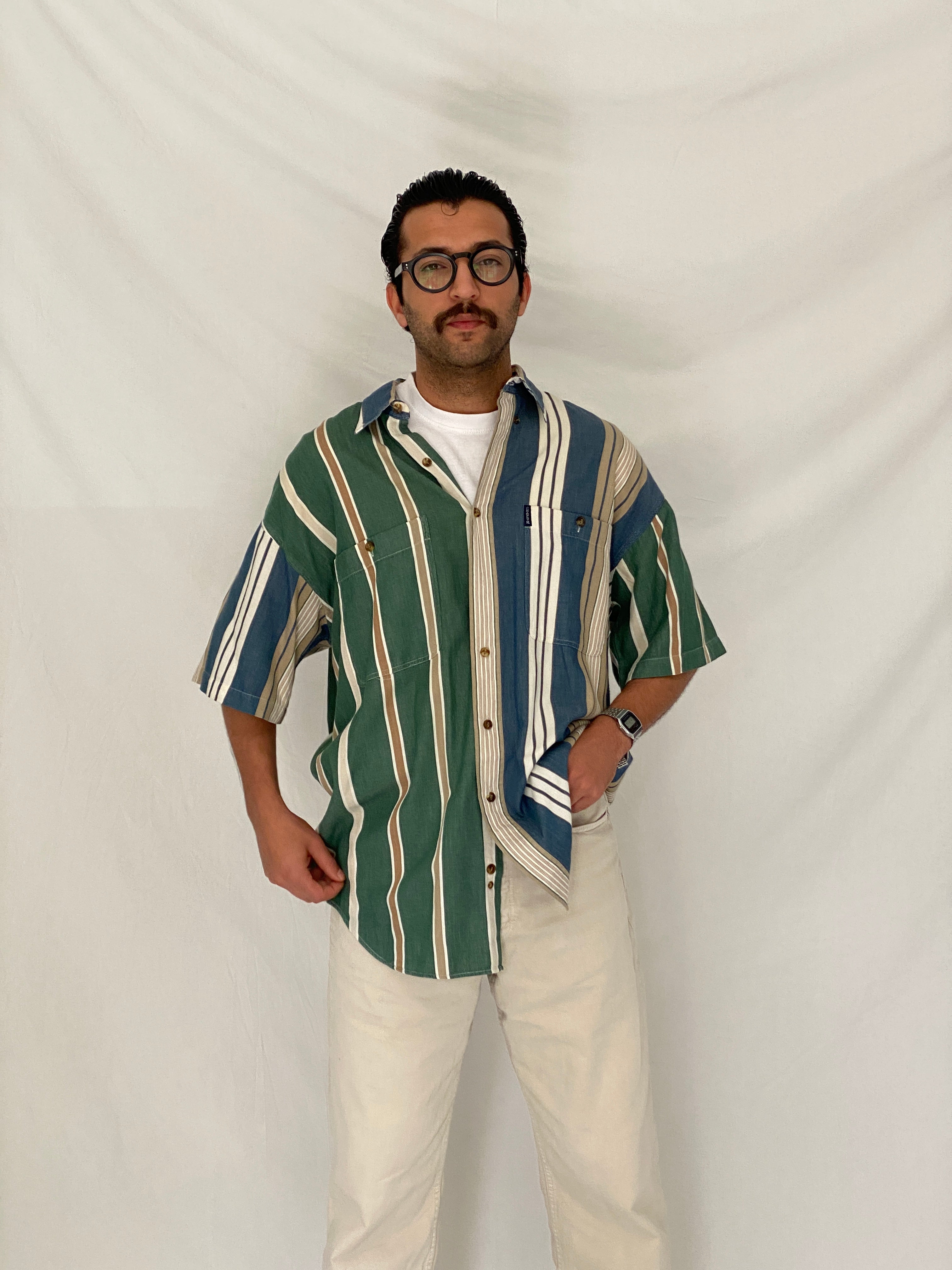 Vintage 90s Chaps Ralph Lauren Green Blue Striped Cotton Shirt - L