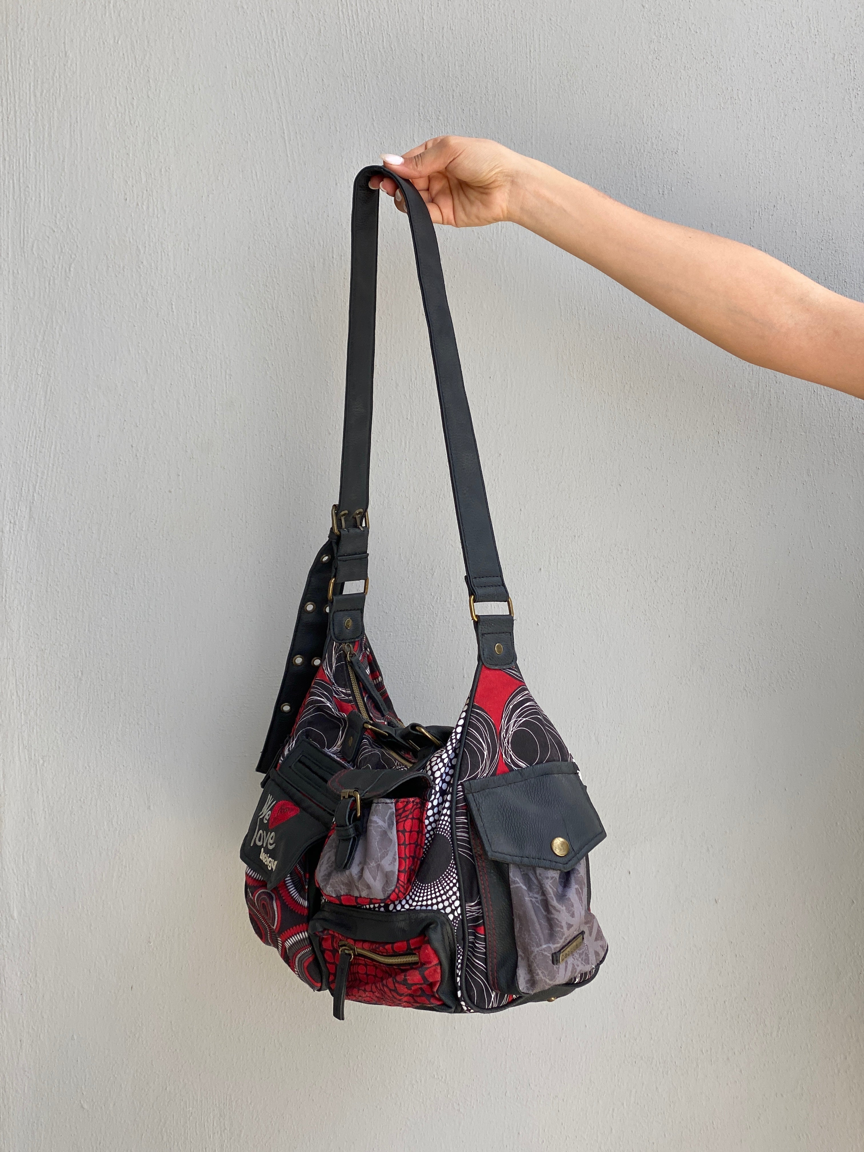 Vintage Y2K Desigual Patchwork Print Multi Pocket Shoulder Bag Boho Graphic Tote