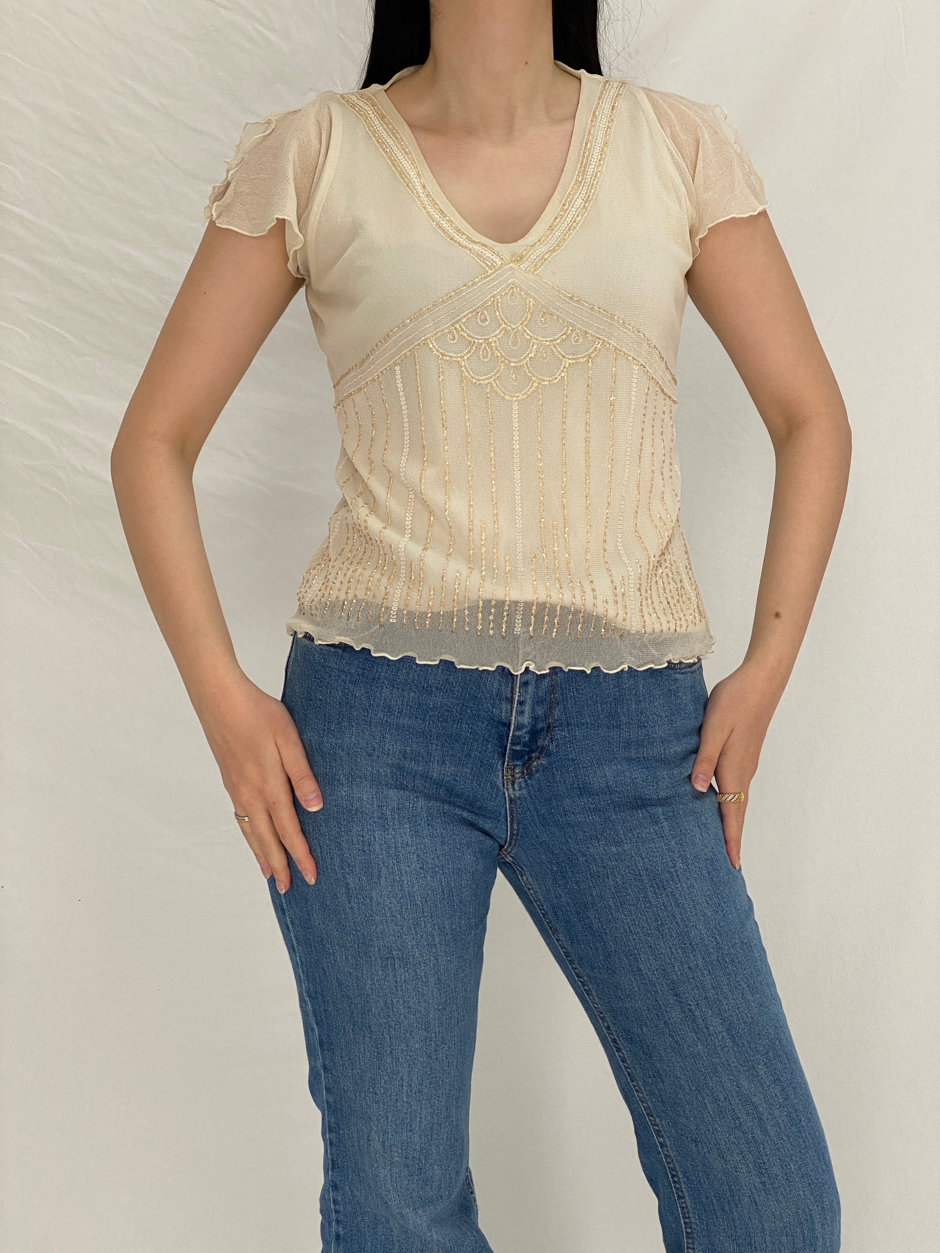 Vintage Y2K BHS Cream Beaded Mesh Top Sheer Sequin Embellished Blouse - L