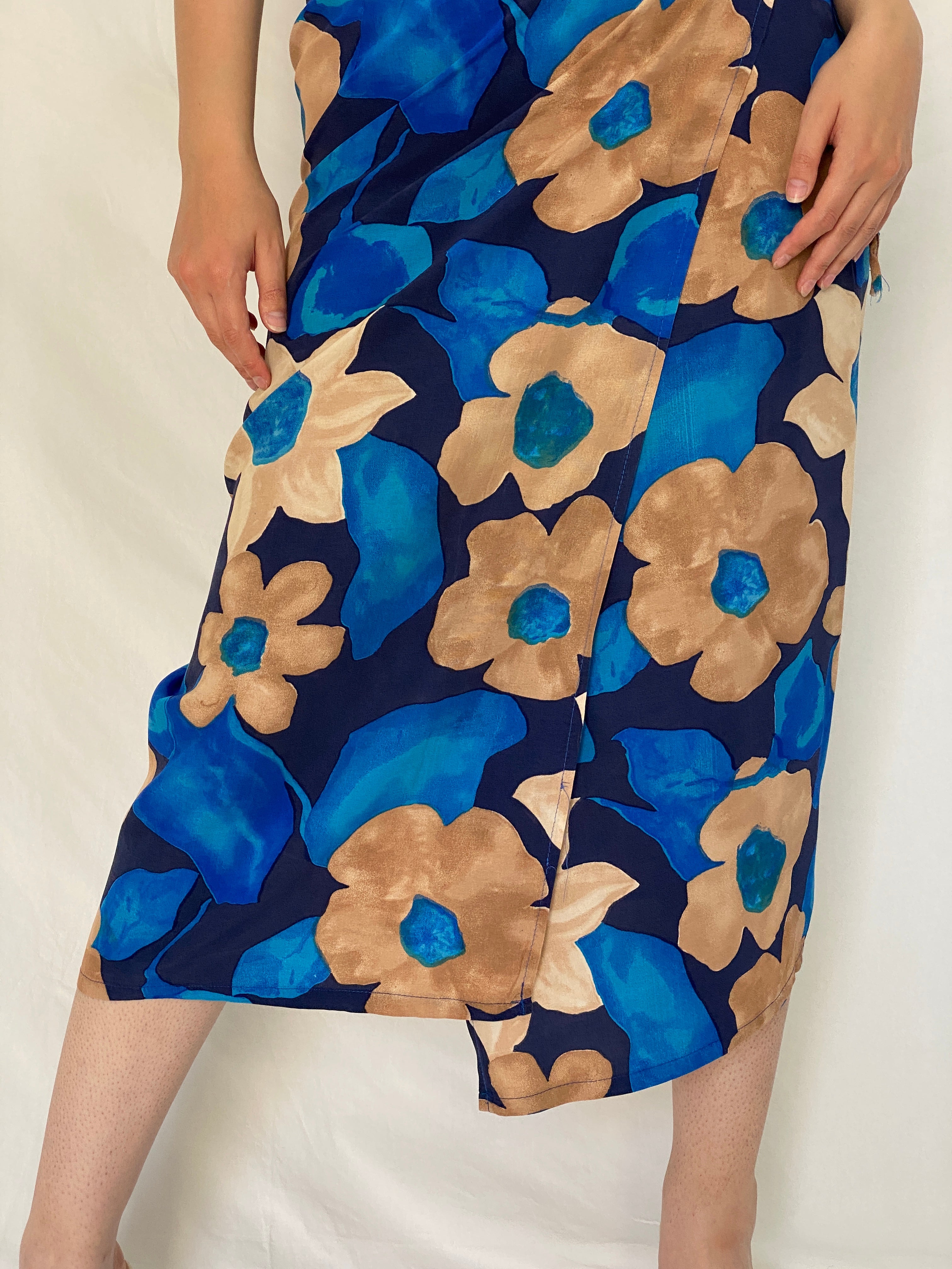Vintage 1990s Blue & Tan Abstract Floral Wrap Midi Skirt - M