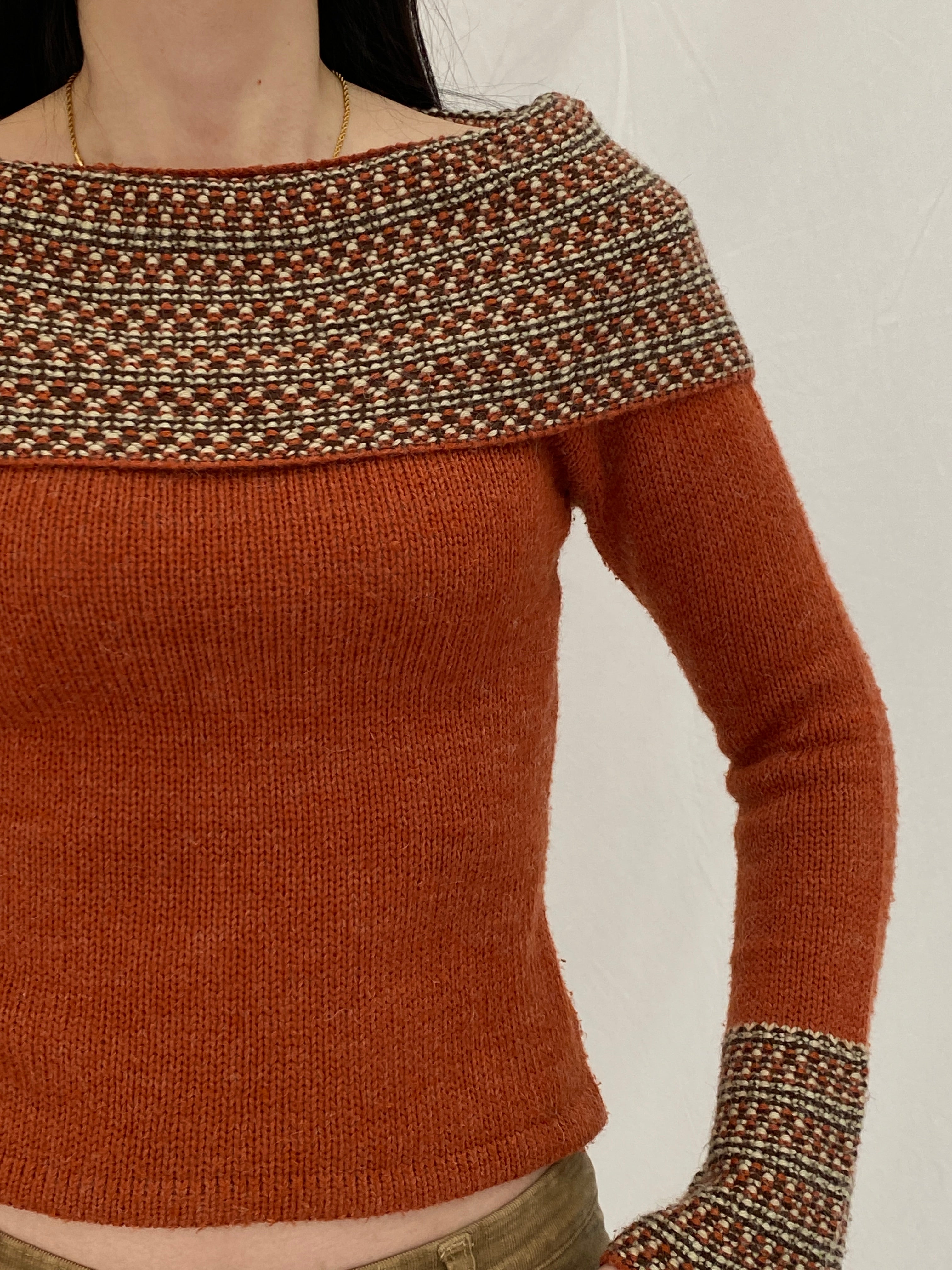 Y2K BANKO Orange Knit Sweater Top with Textured Collar & Flared Cuffs - M