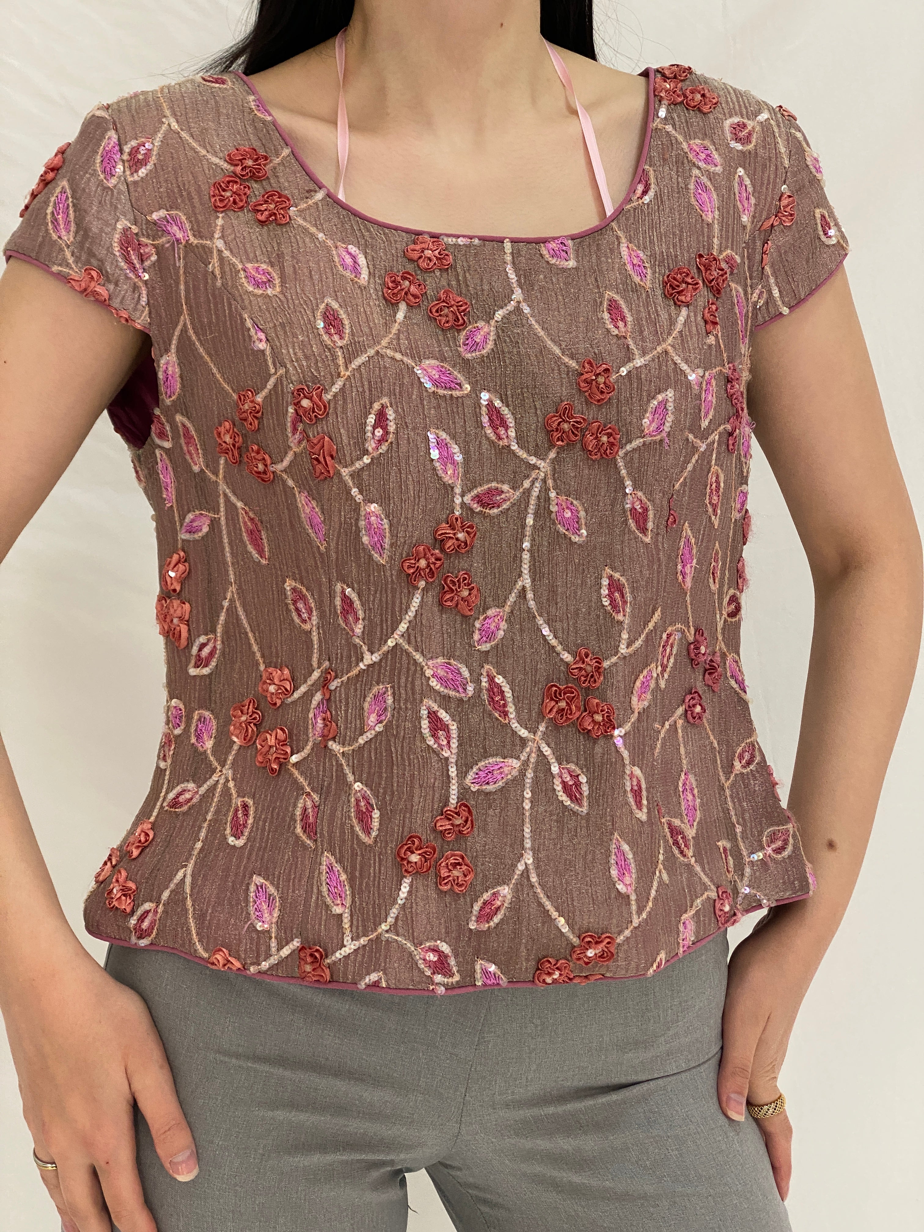 Vintage Raffaello Floral Embellished Beaded Party Top Embroidered Pink Evening Blouse – L