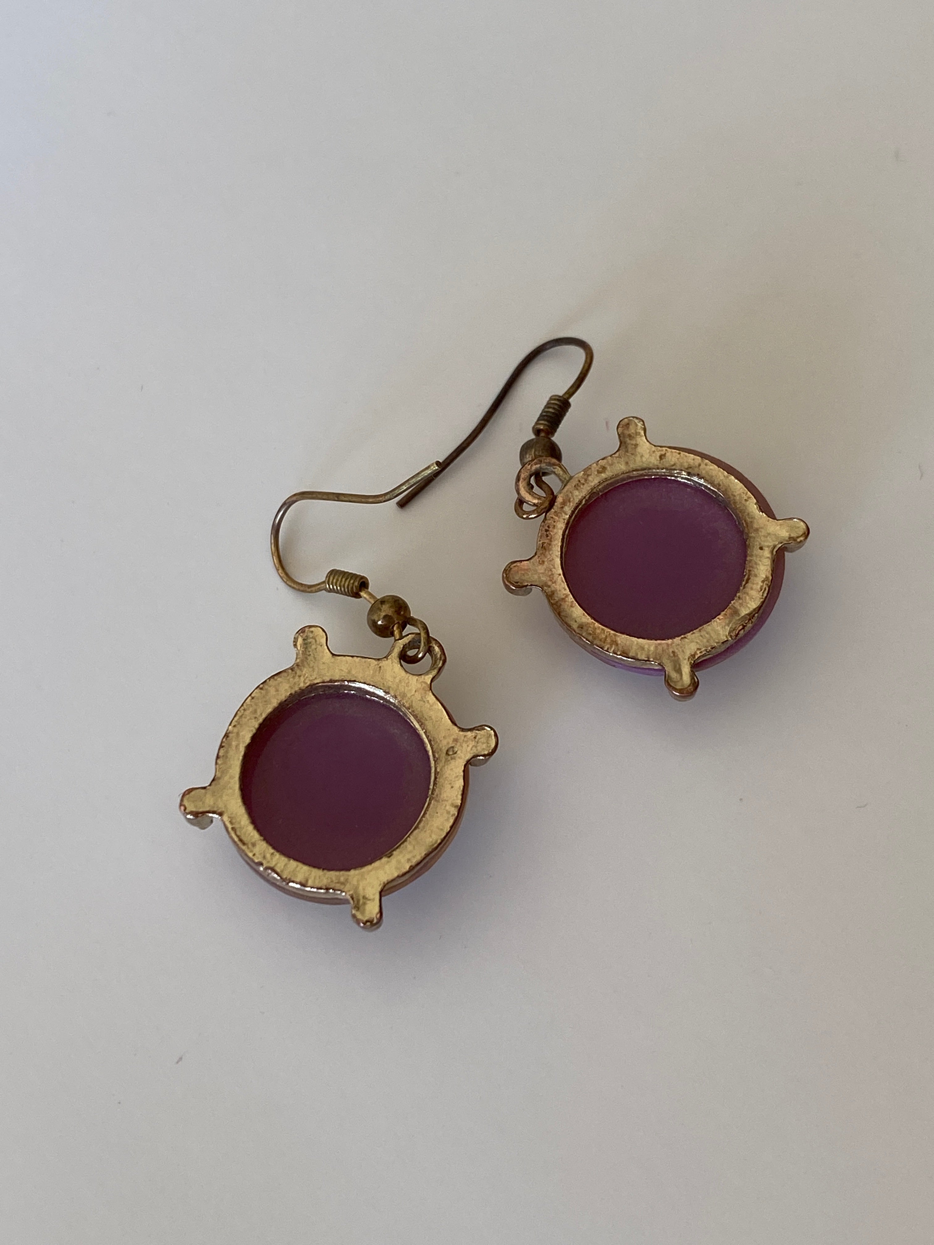 Vintage Iridescent Pink Glass Drop Earrings with Gold Tone Setting