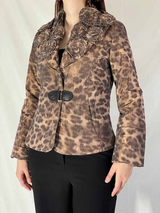 Boko Collection Brown Leopard Print Light Jacket with Floral Collar Detail - M