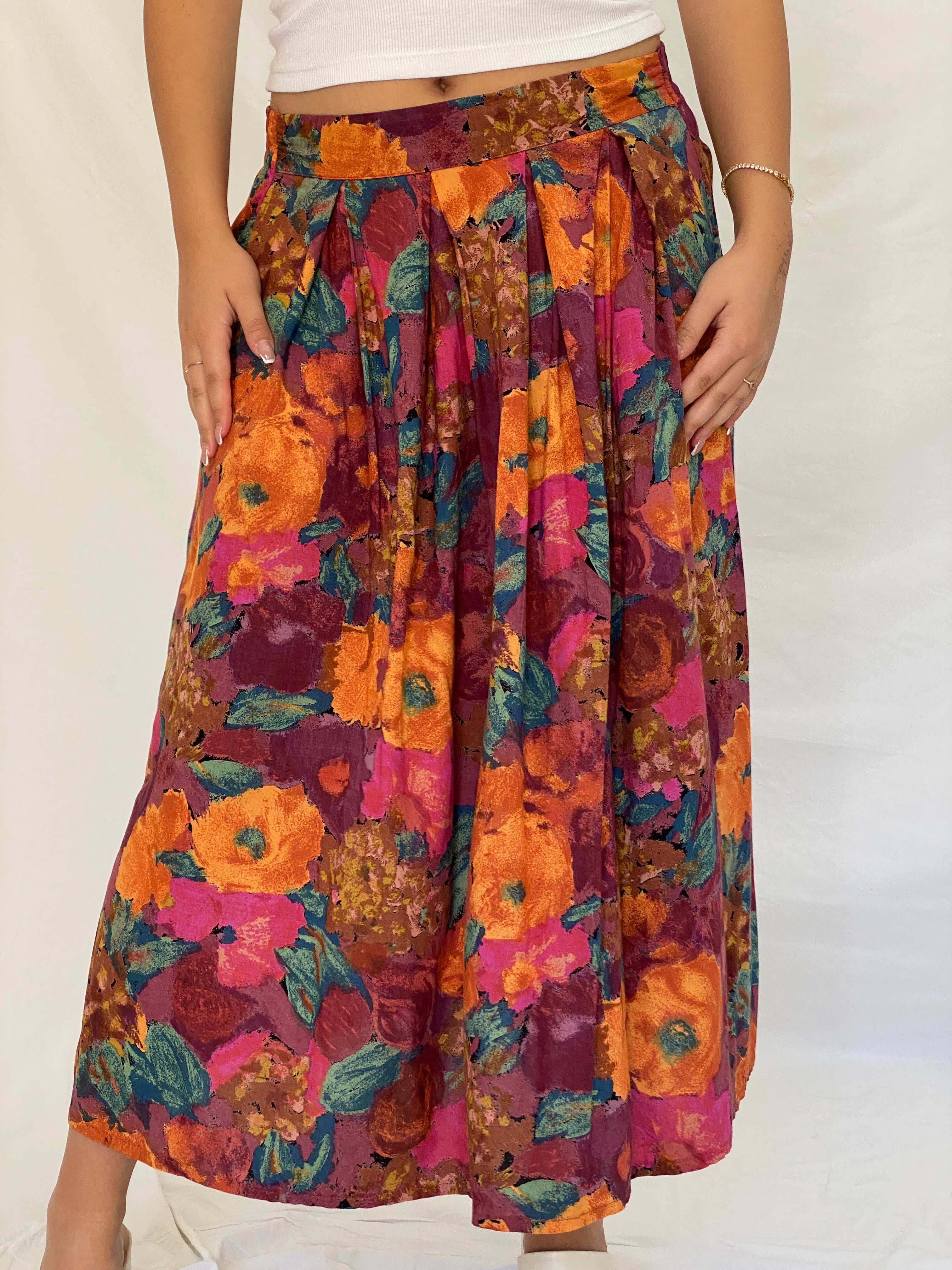 Vintage 90s George Floral Orange Multicolor Pleated Midi Skirt – L