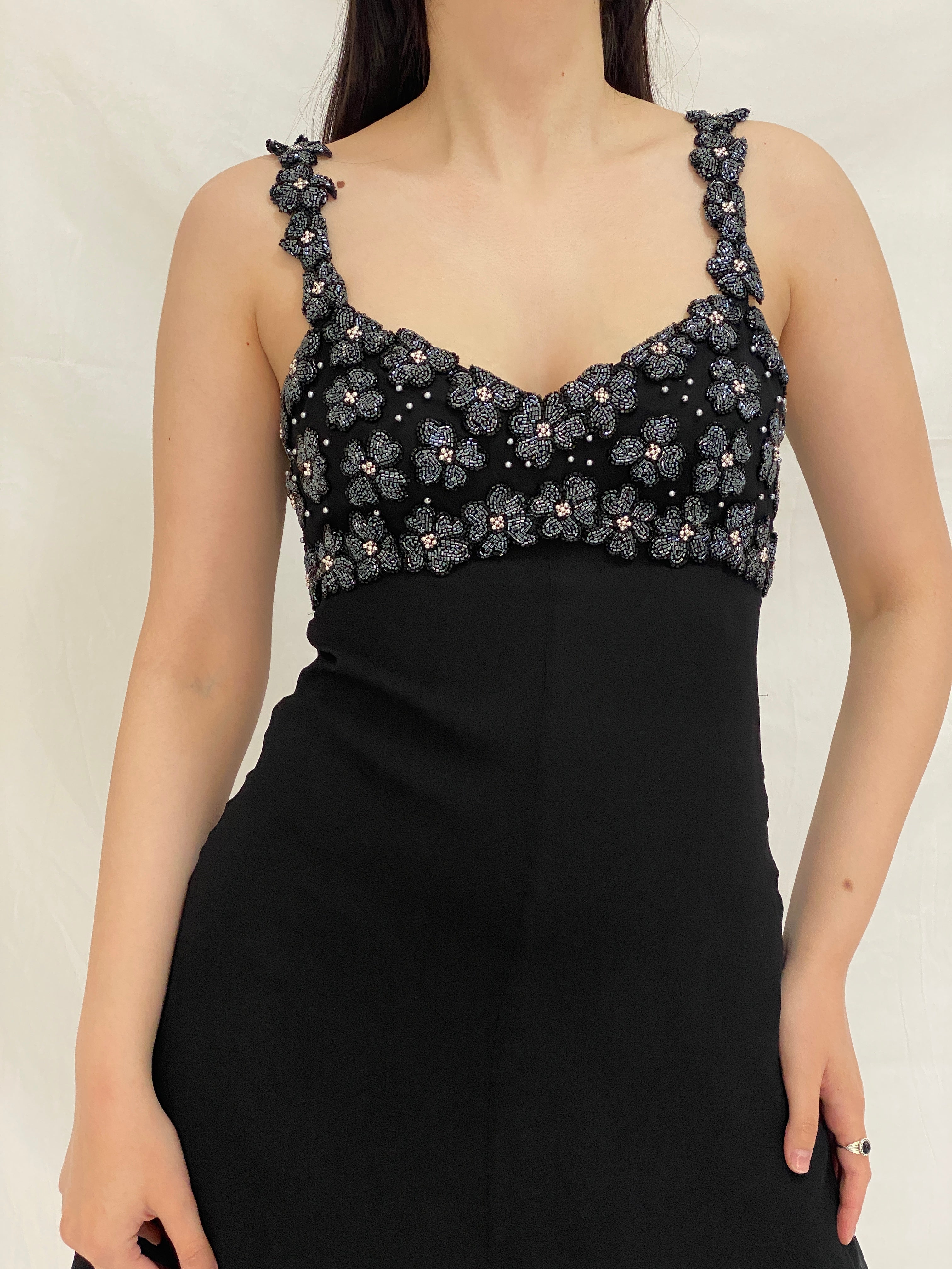 Vintage 90s A.J. Bari Black Silk Beaded Floral Bodice Mini Dress - S