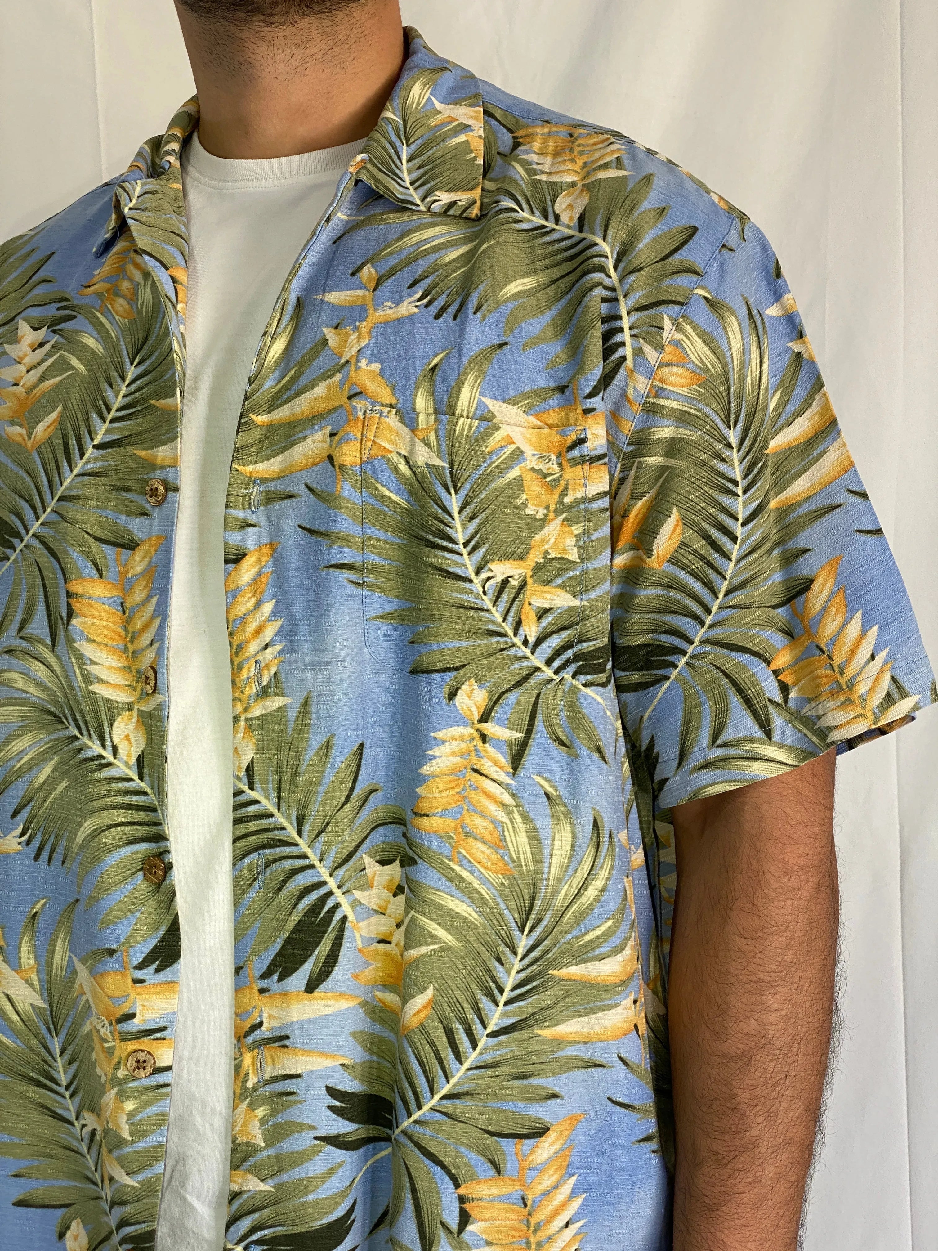 Caribbean Hawaiian Blue Tropical Palm Leaf Men’s Silk Shirt - XL