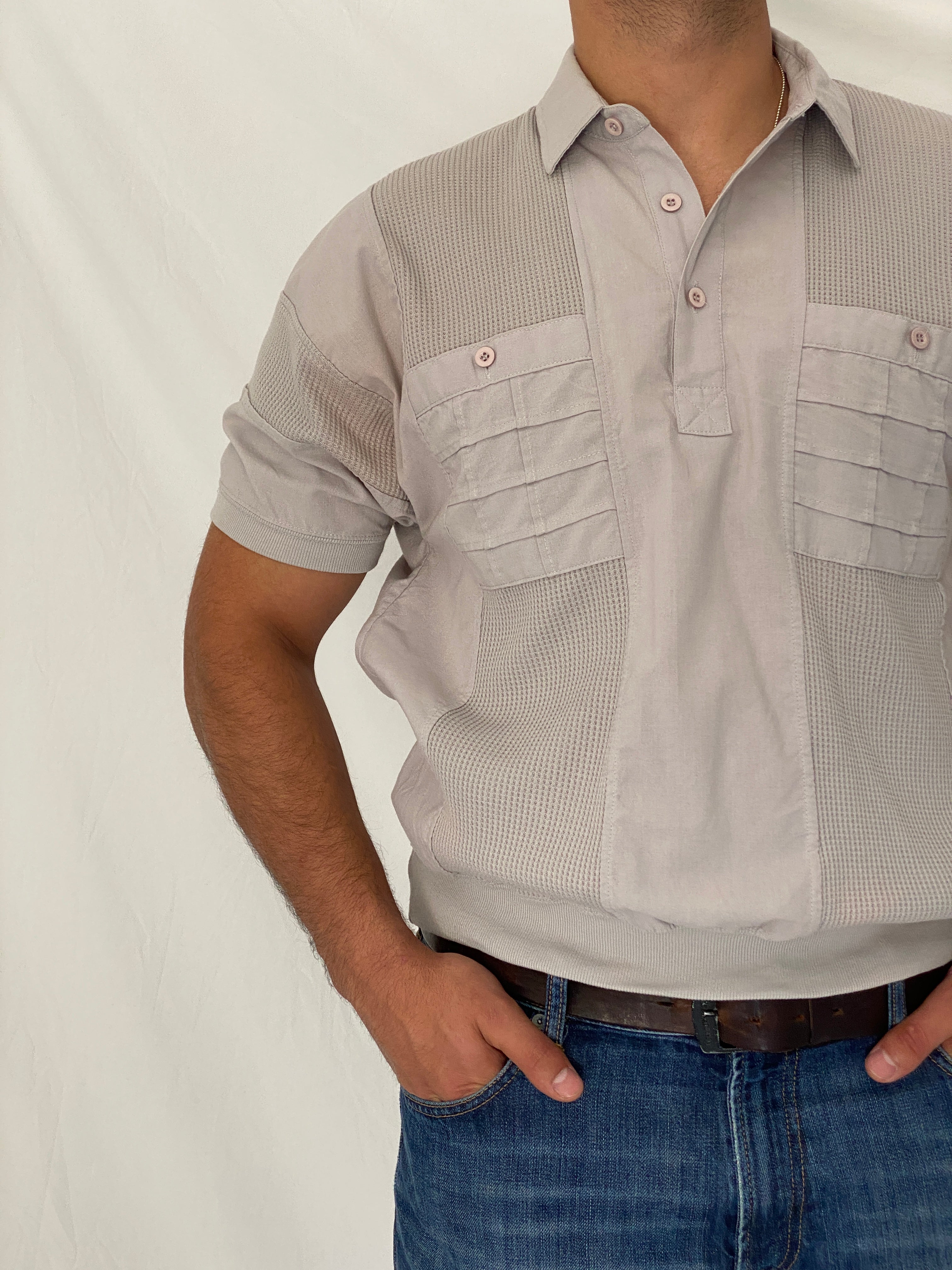 Vintage 90s Alexxus Exclusive Gray Top Textured Panel Polo Shirt – L