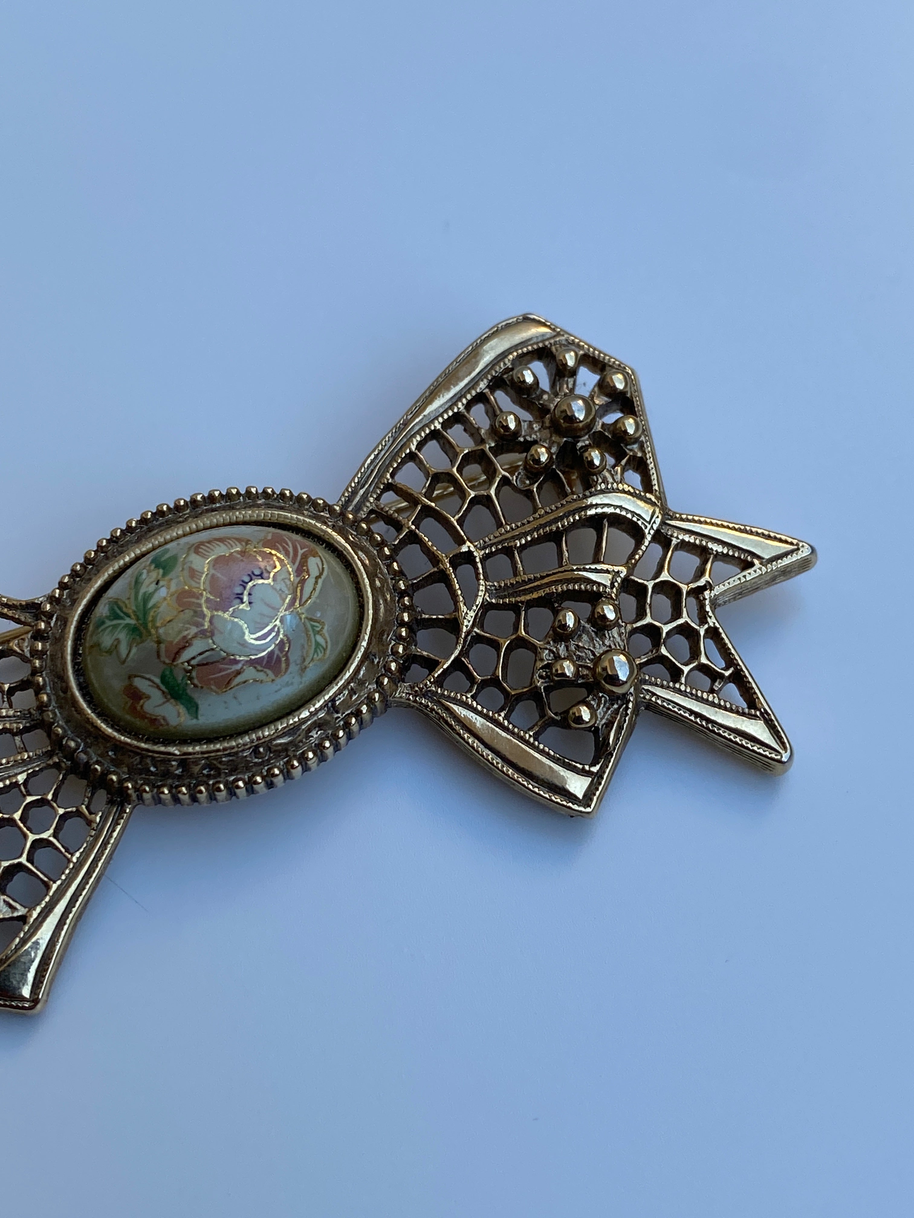 Vintage Victorian Revival Gold Tone Filigree Bow Brooch with Floral Cabochon