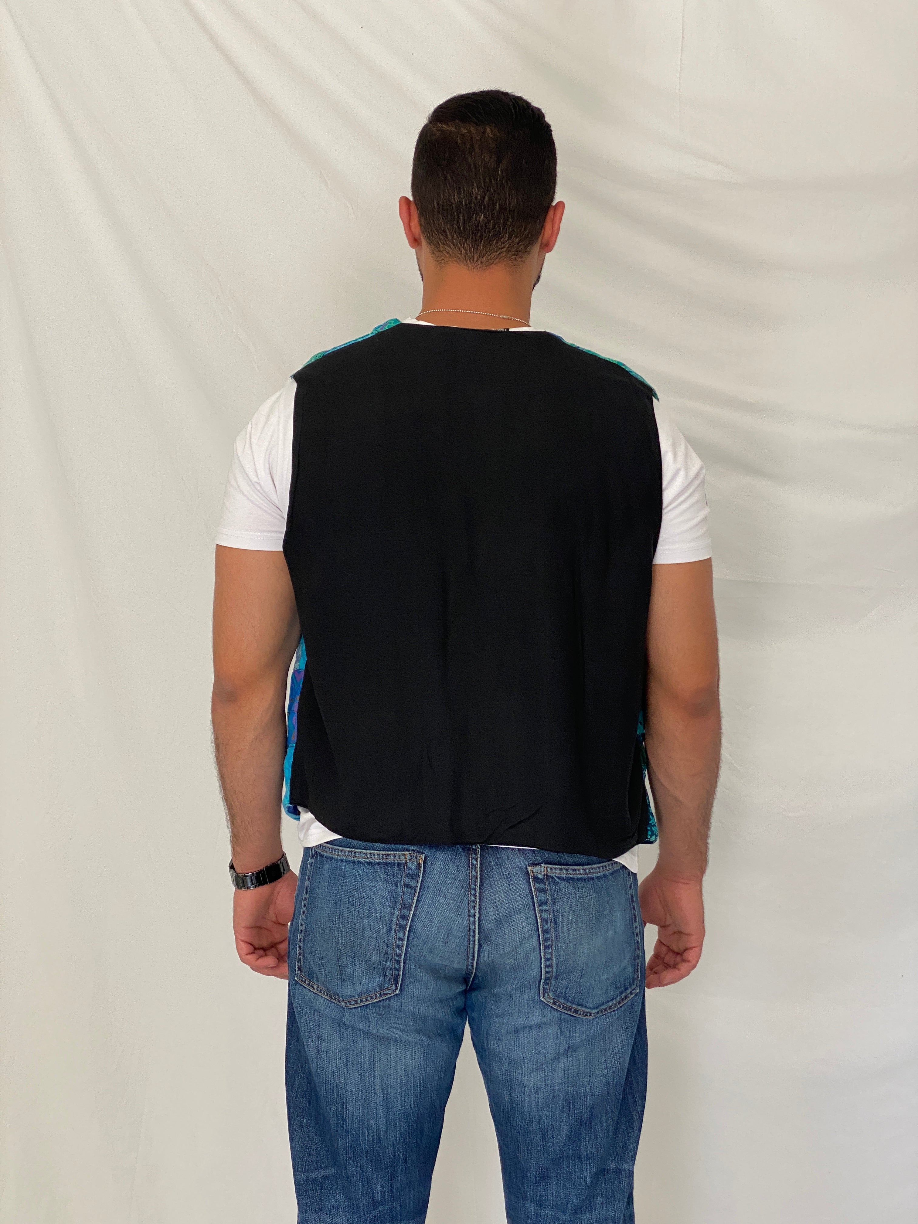 Vintage 90s Nativewear Designs Blue Green Patchwork Boho Festival Vest – XL