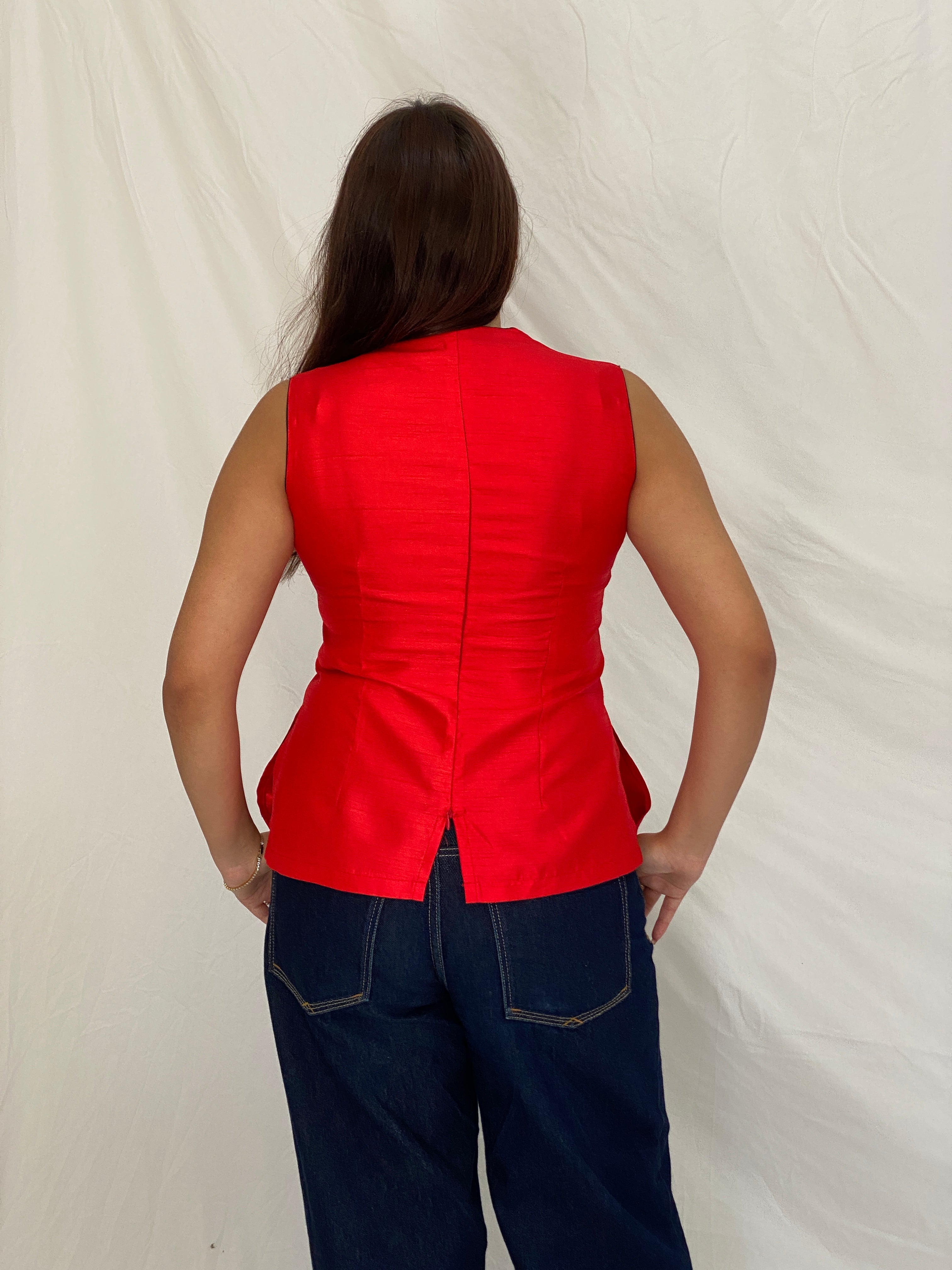 Vintage Handmade Japanese-Inspired Red Shantung Sleeveless Top – L