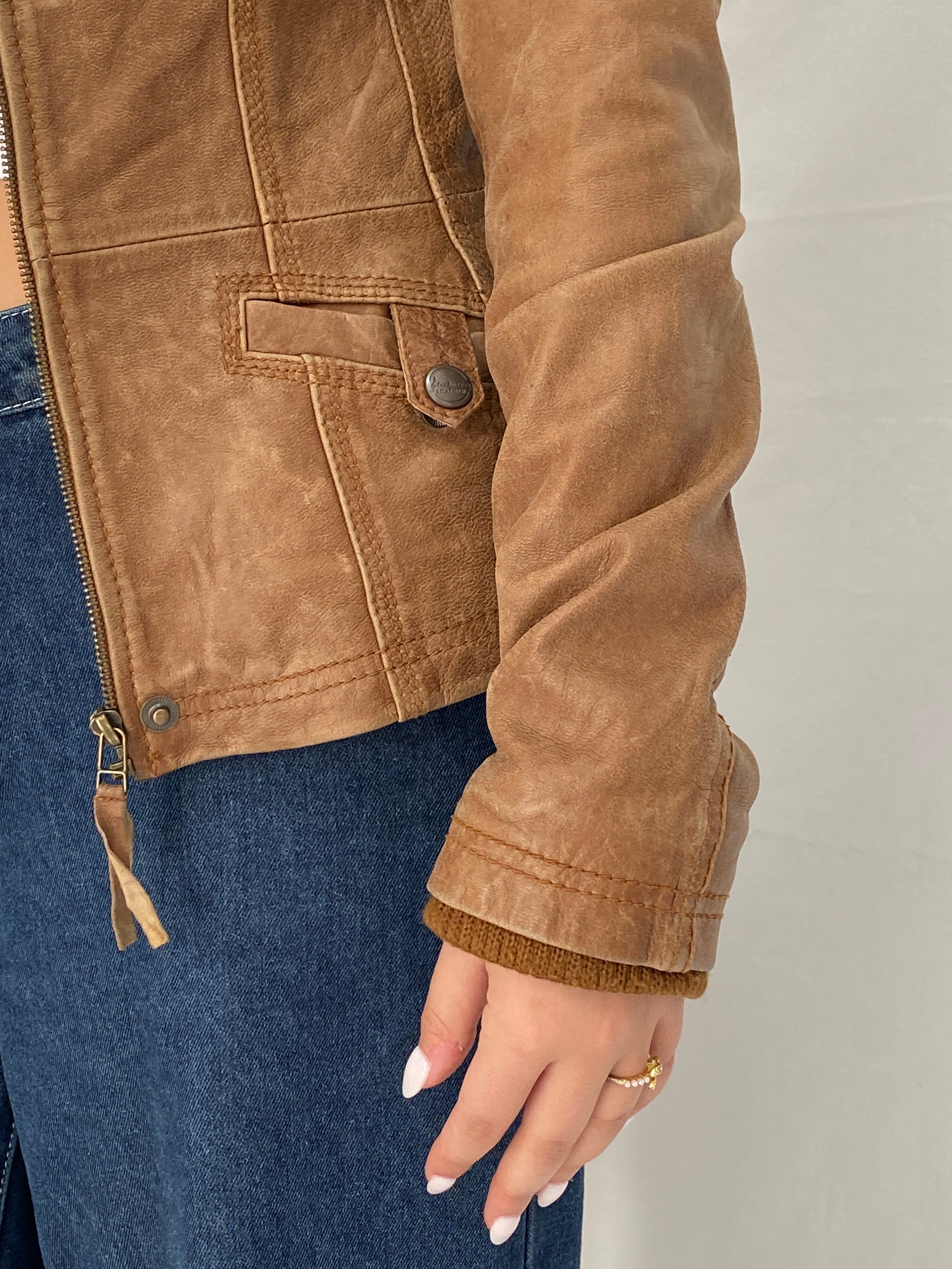 Y2K Stradivarius Real Leather Moto Tan Leather Biker Jacket - M