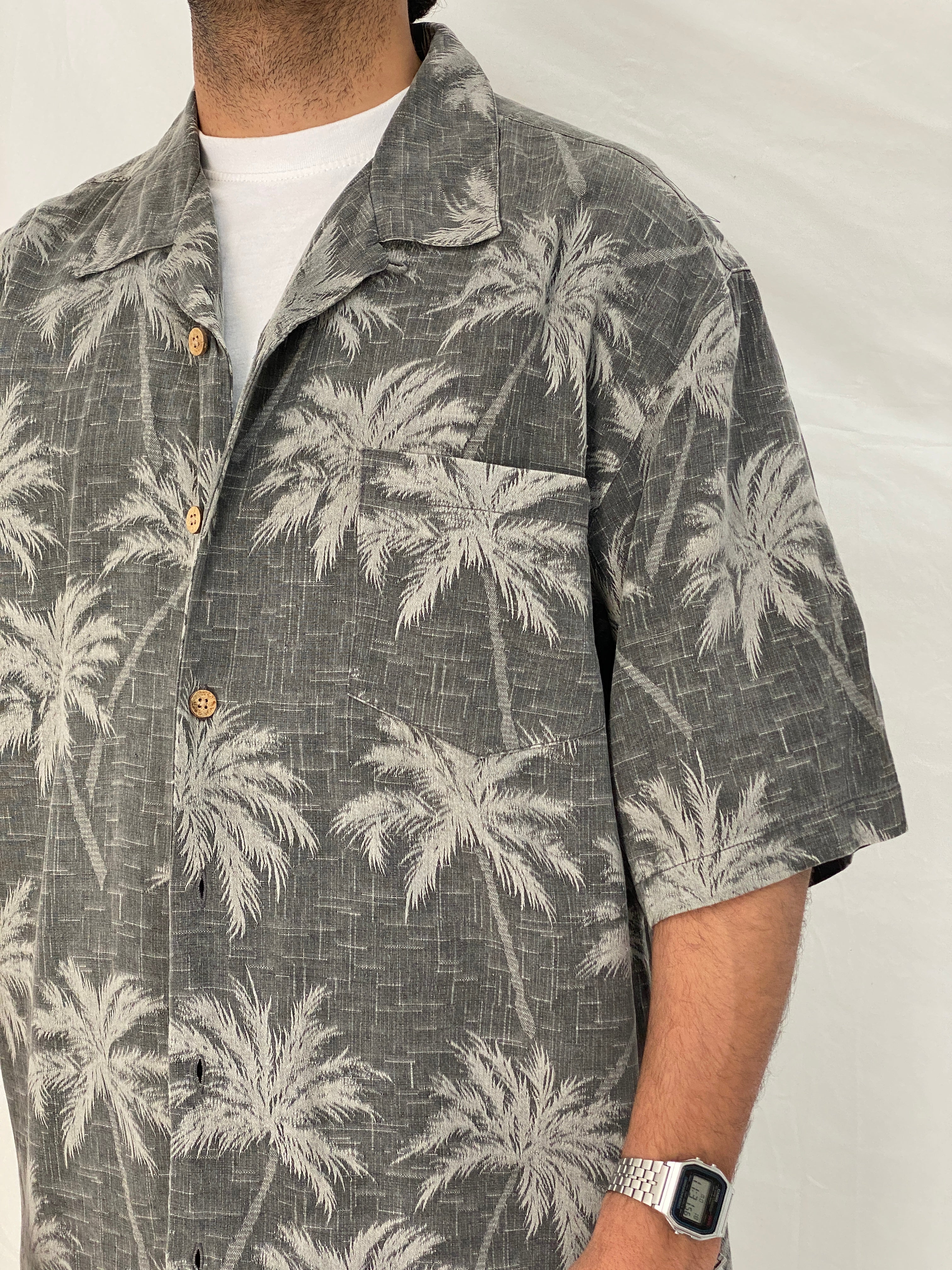 Vintage Jamaica Jaxx Grey Palm Tree Silk Men’s Vacation Shirt – L