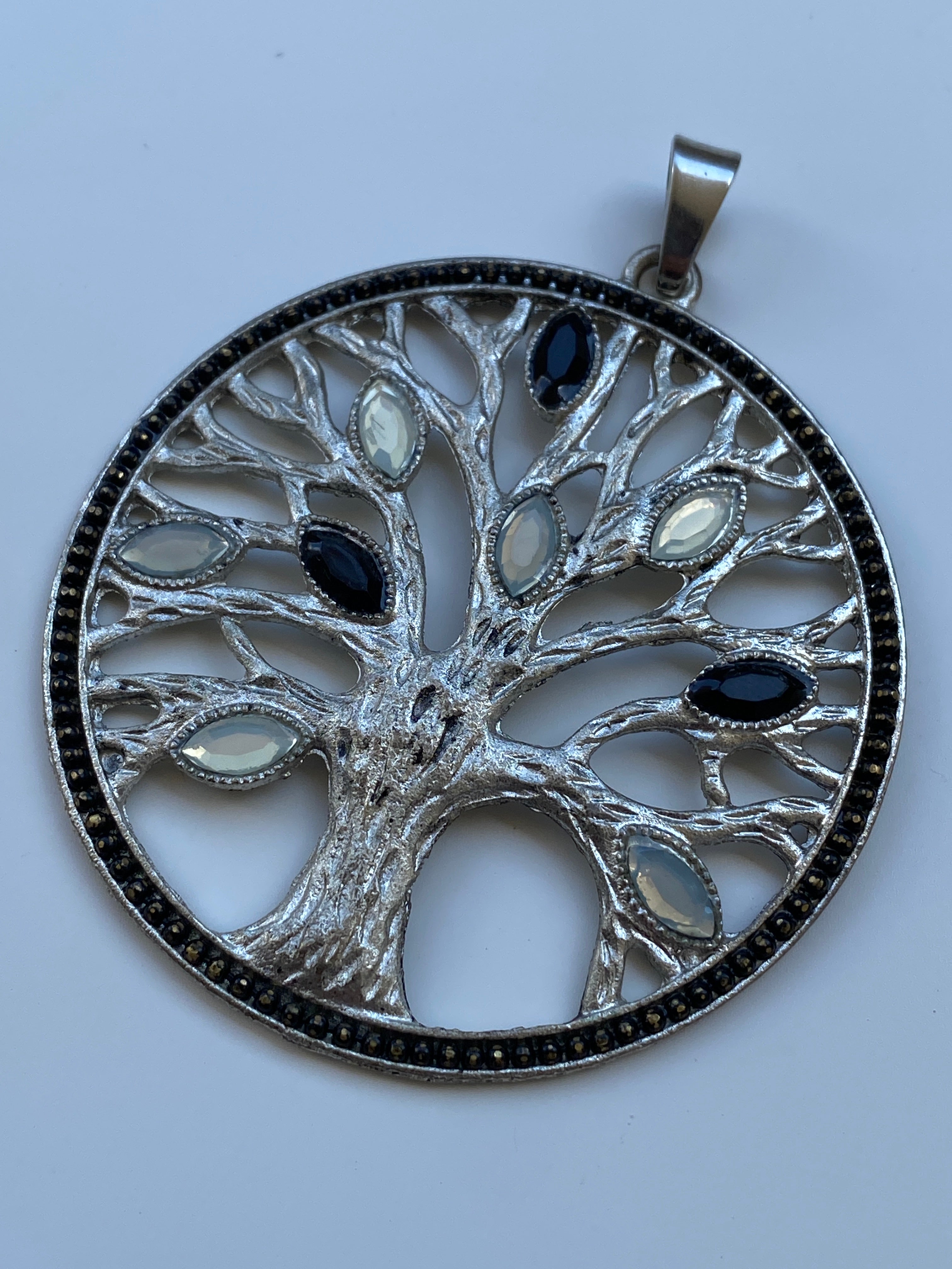Vintage Silver Tone Tree of Life Pendant with Black & White Stones – Statement Necklace Charm