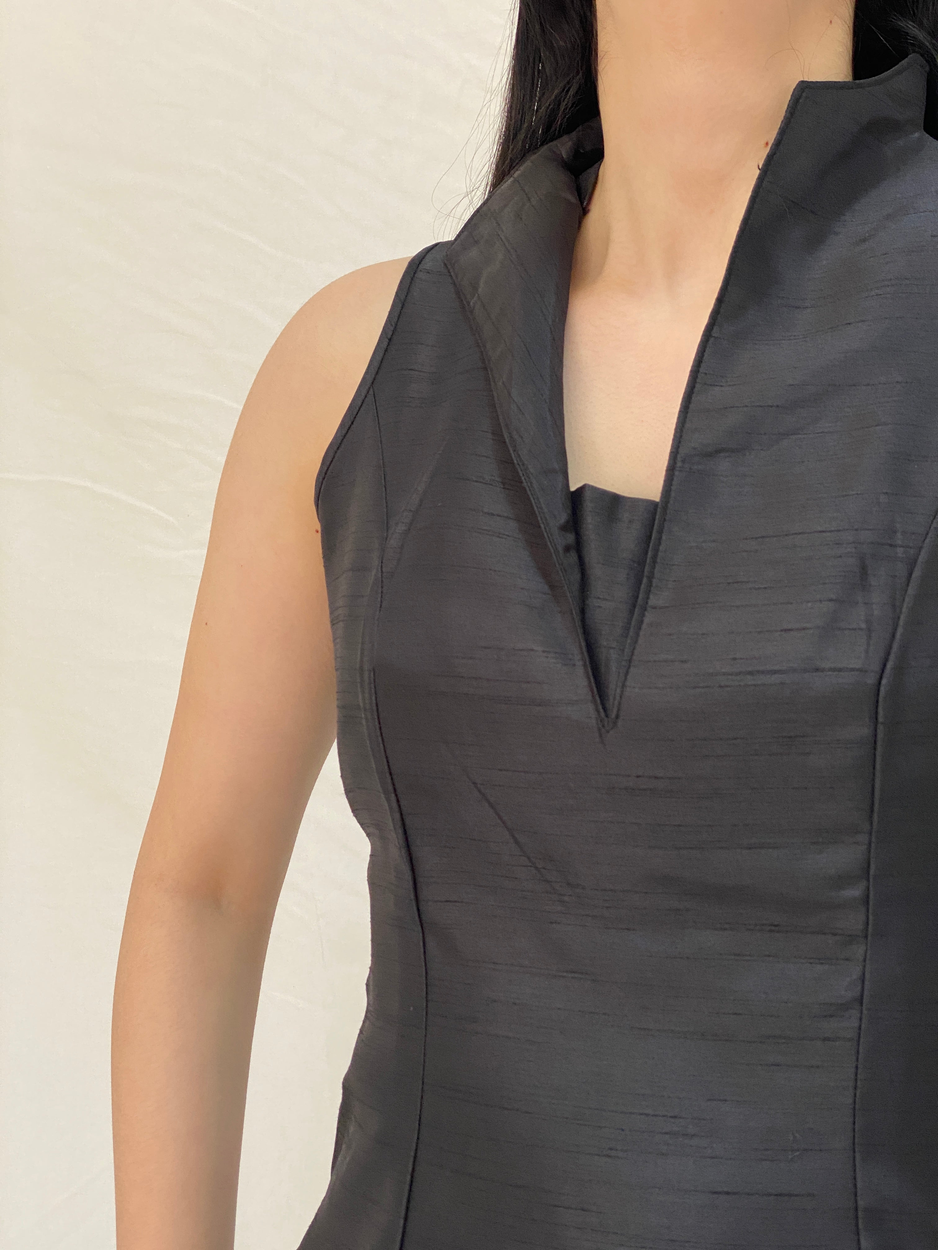 Vintage Handmade Black Satin Structured Sleeveless Tailored Top - S