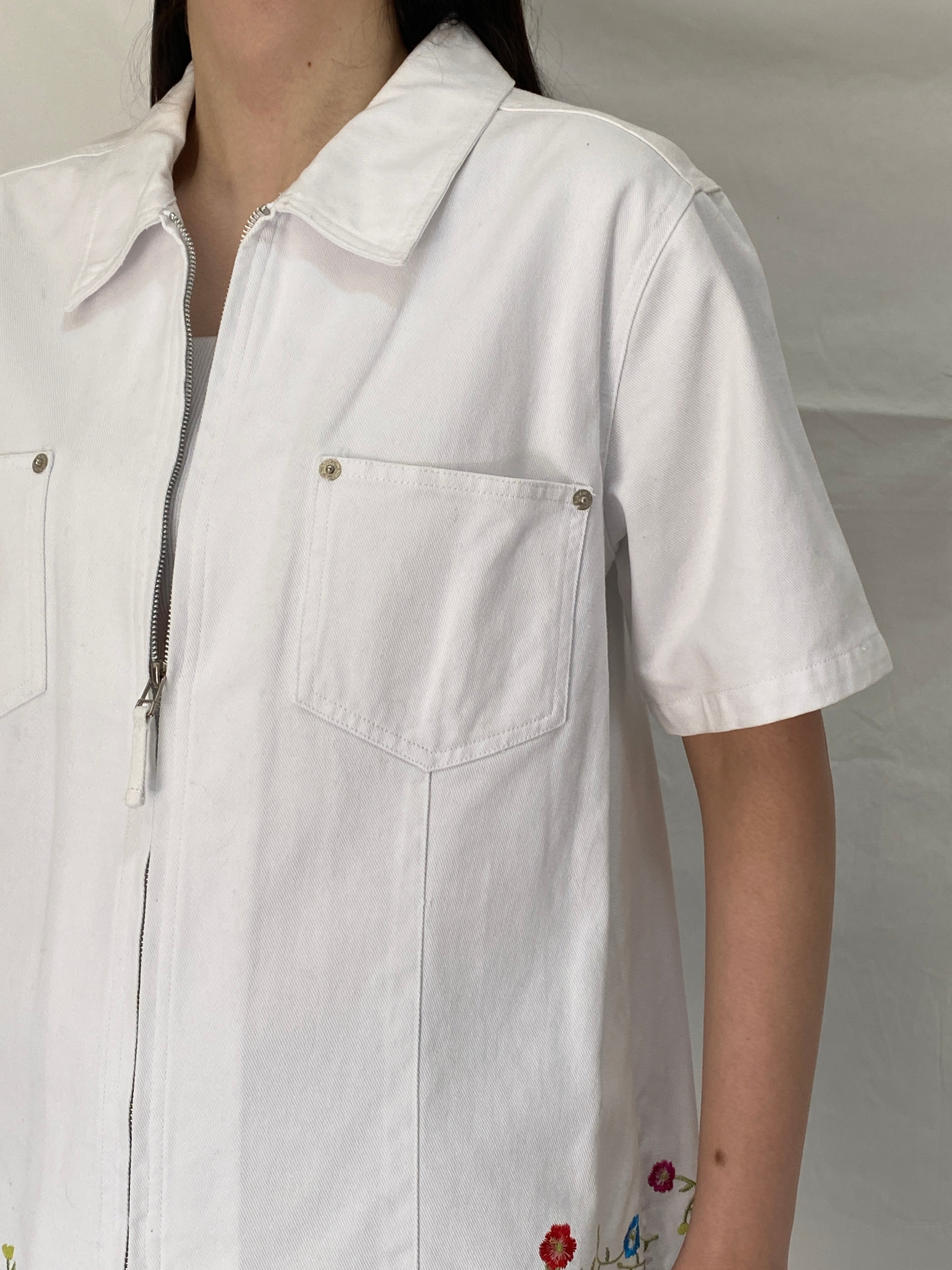 Vintage Denim & Co White Cotton Floral Embroidered Zip Shirt Jacket - L