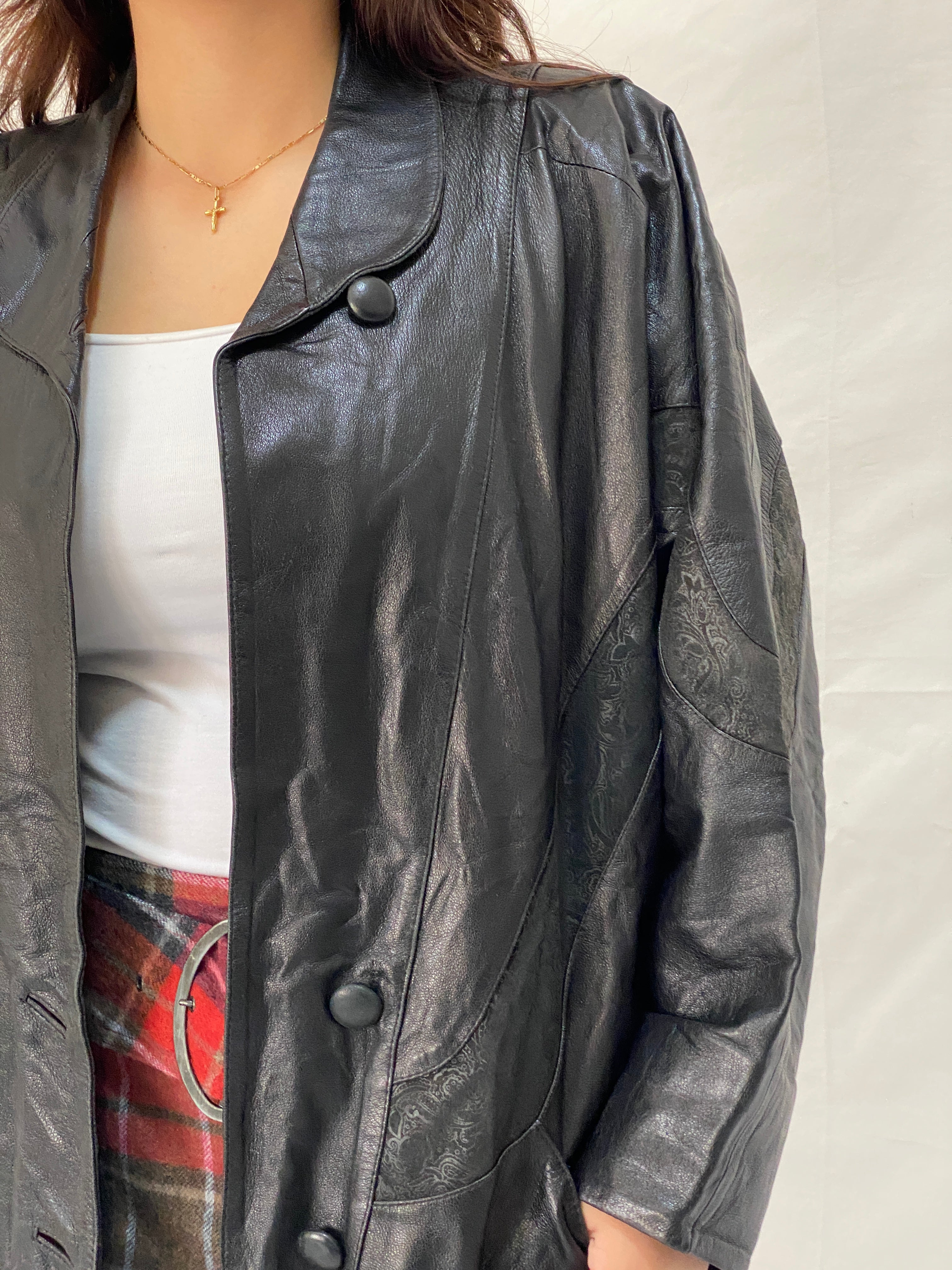 Vintage 80s Black Genuine Leather Longline Coat with Embossed Panels Oversized Fit - L