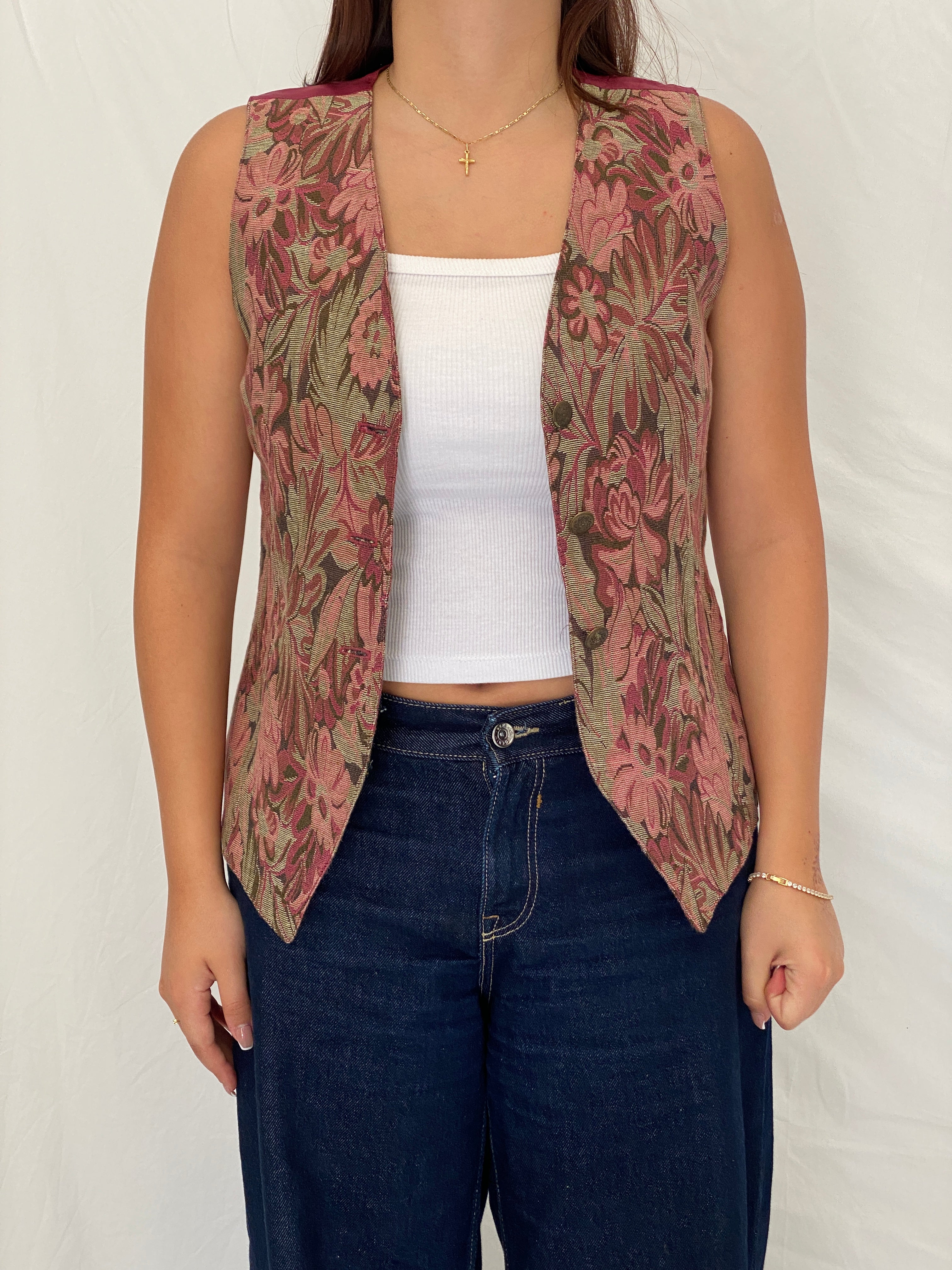 Vintage The Limited Floral Tapestry Vest Pink Button Front Waistcoat – S
