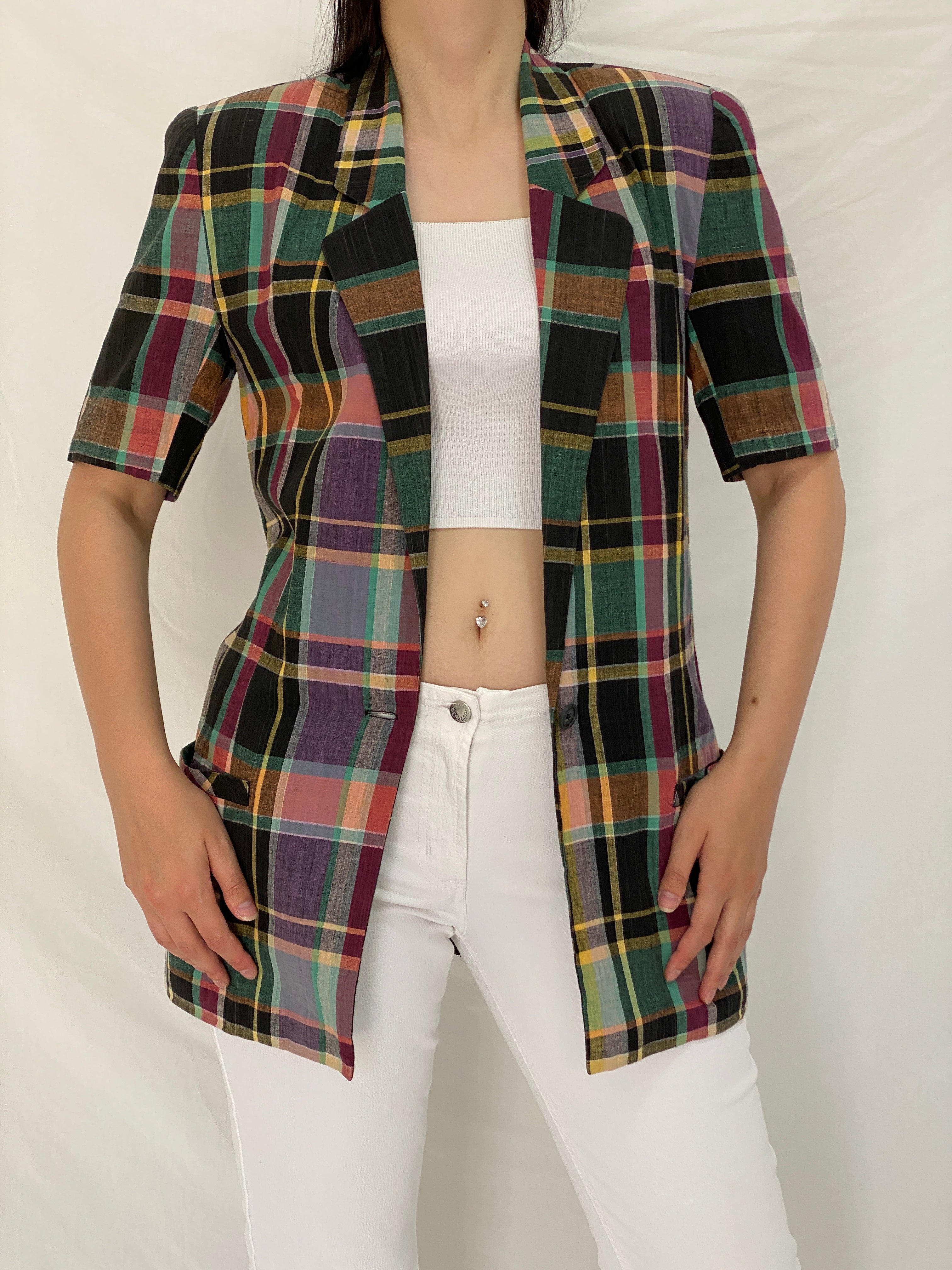 Vintage 90s Liz Claiborne Multicolor Plaid Cotton Short Sleeve Blazer - S