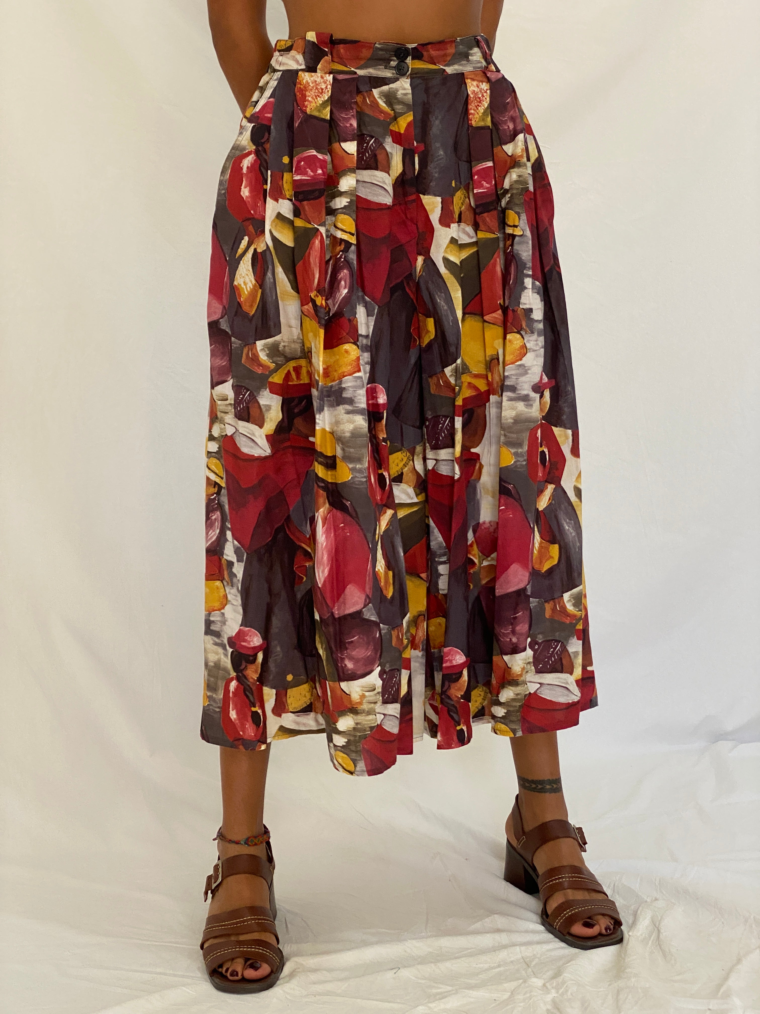 Vintage 90s Frawil Multicolor Abstract Wide Leg Culotte Pants – S