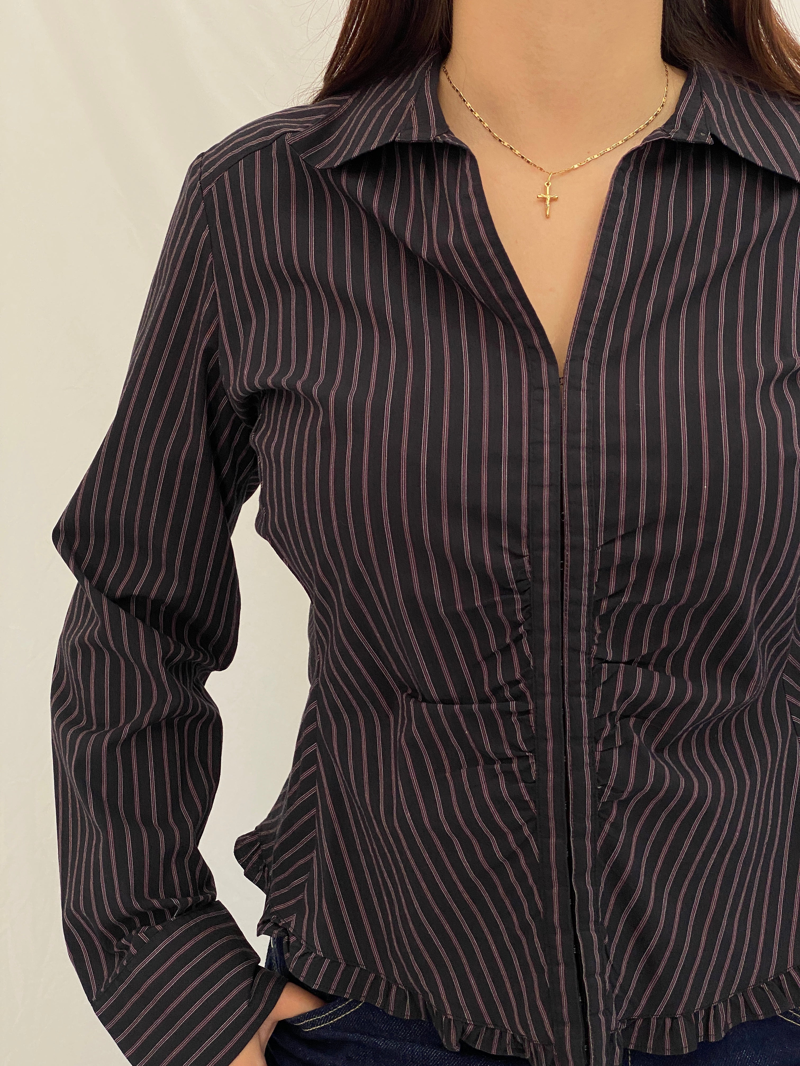 Vintage Y2K RW & Co. Black Pink Pinstripe Ruched Ruffle Zip-Up Blouse - XL