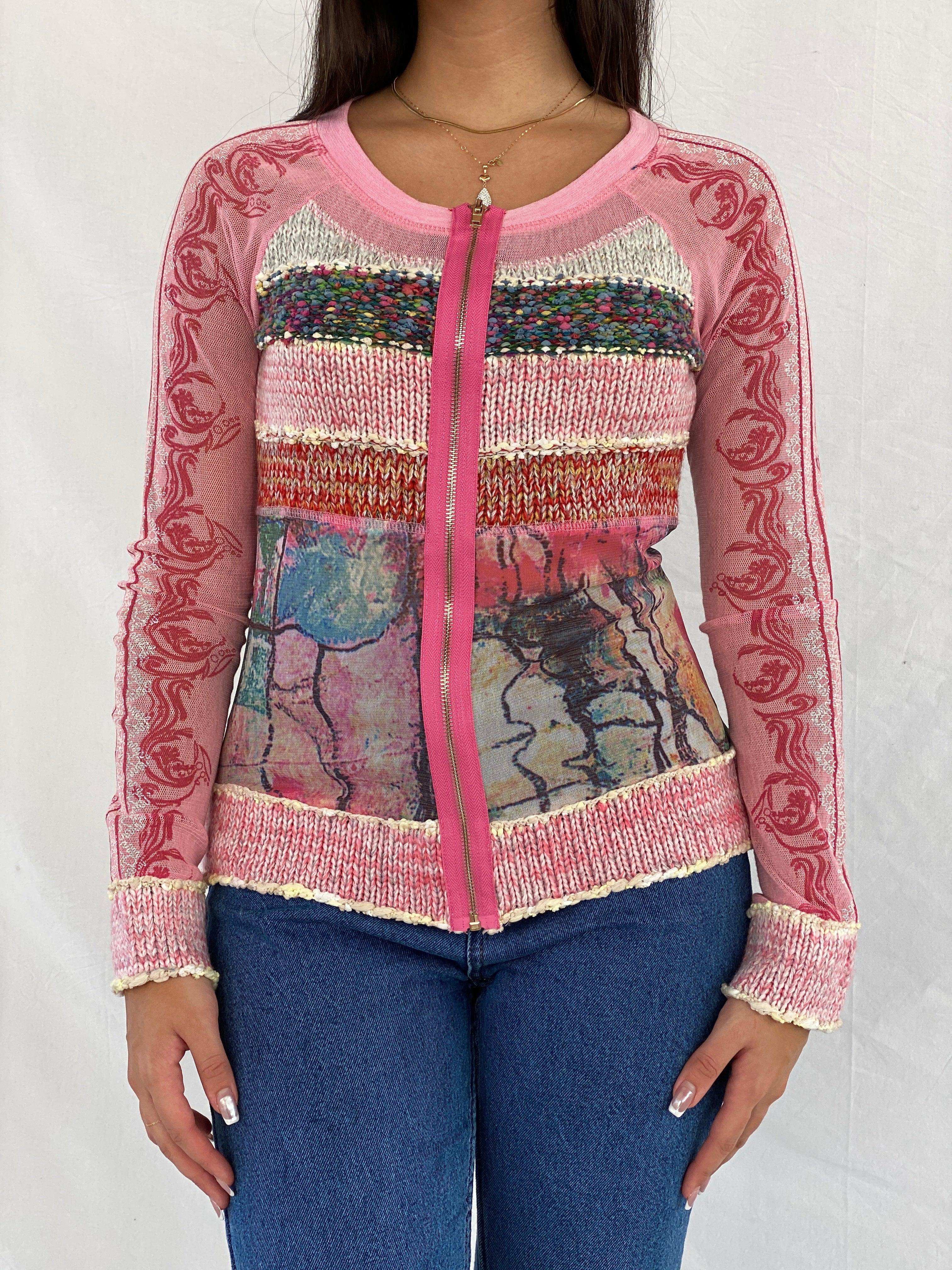 Statement Vintage Printed Mesh and Knit Zip Up Cardigan Size Large