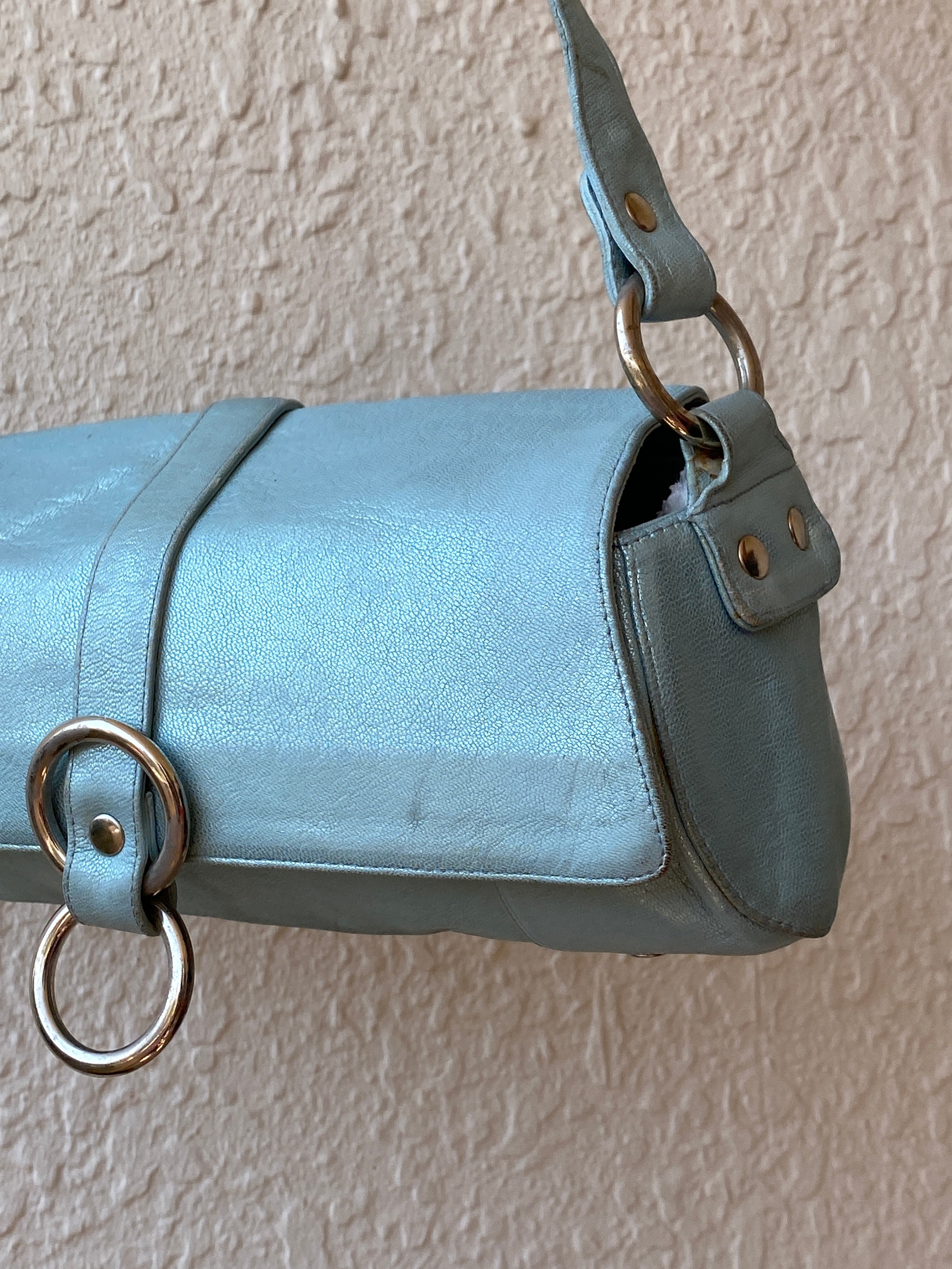Vintage Stuart Weitzman Metallic Ice Blue Leather Shoulder Bag