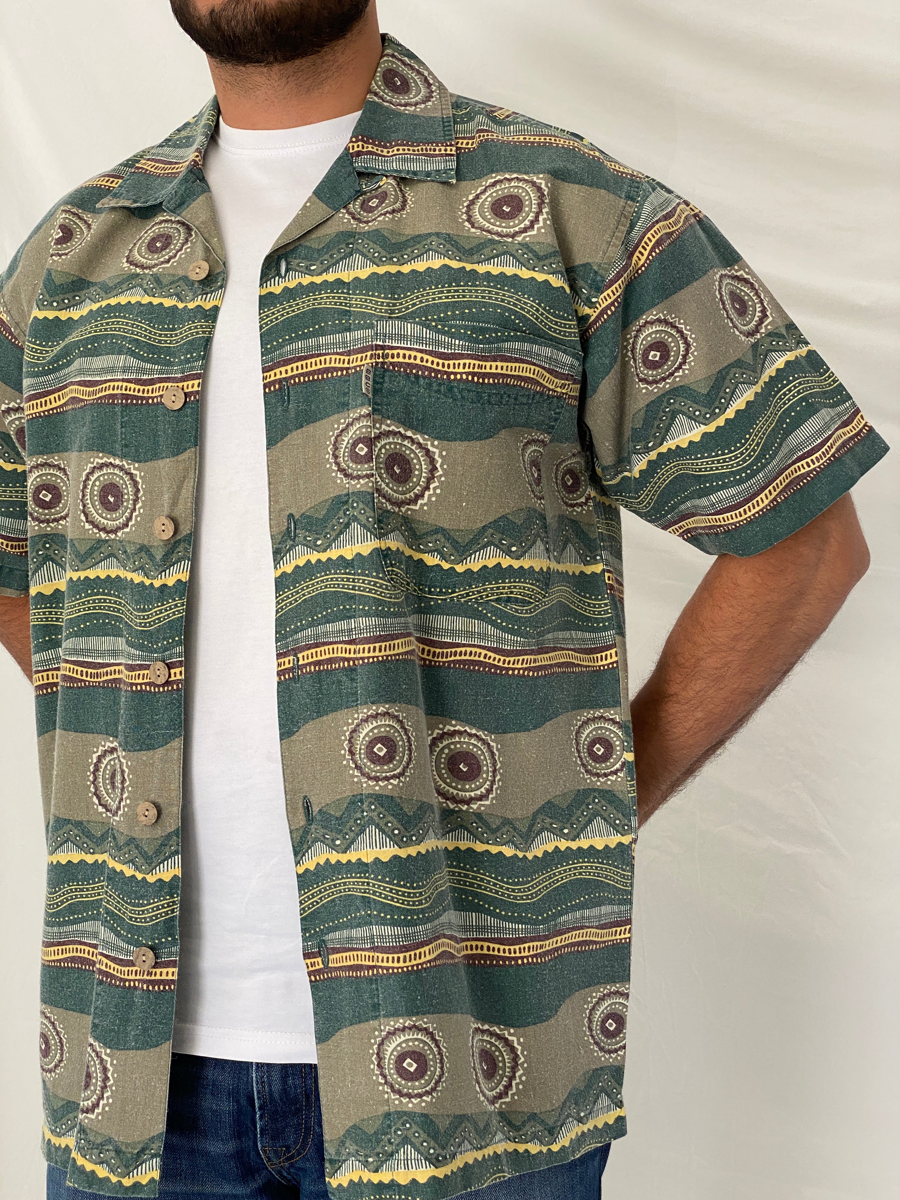 90s Bugle Boy Green Abstract Cotton Ramie Camp Shirt – M