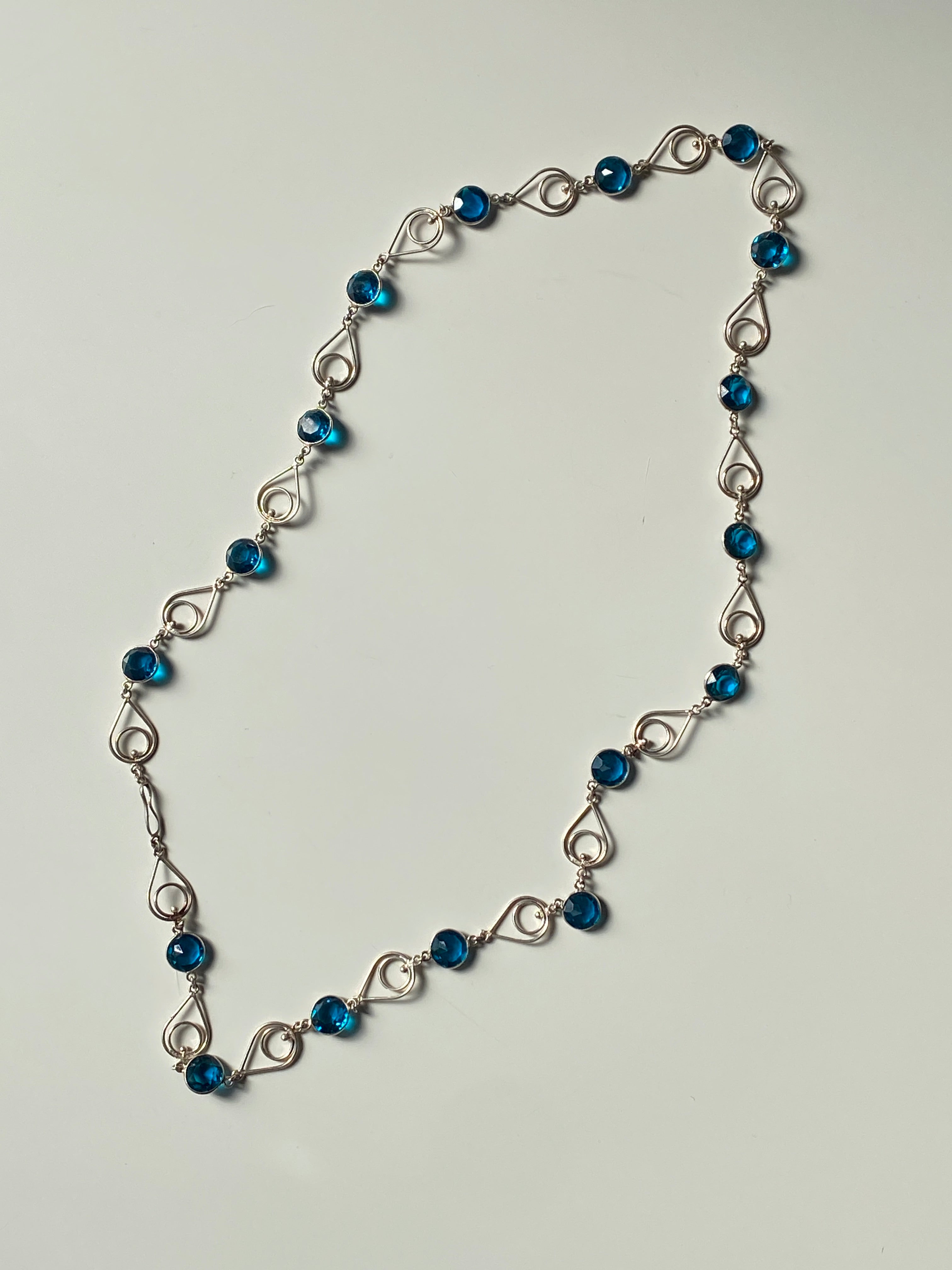Vintage Blue Crystal Link Necklace Silver Tone Swirl Chain Statement Necklace