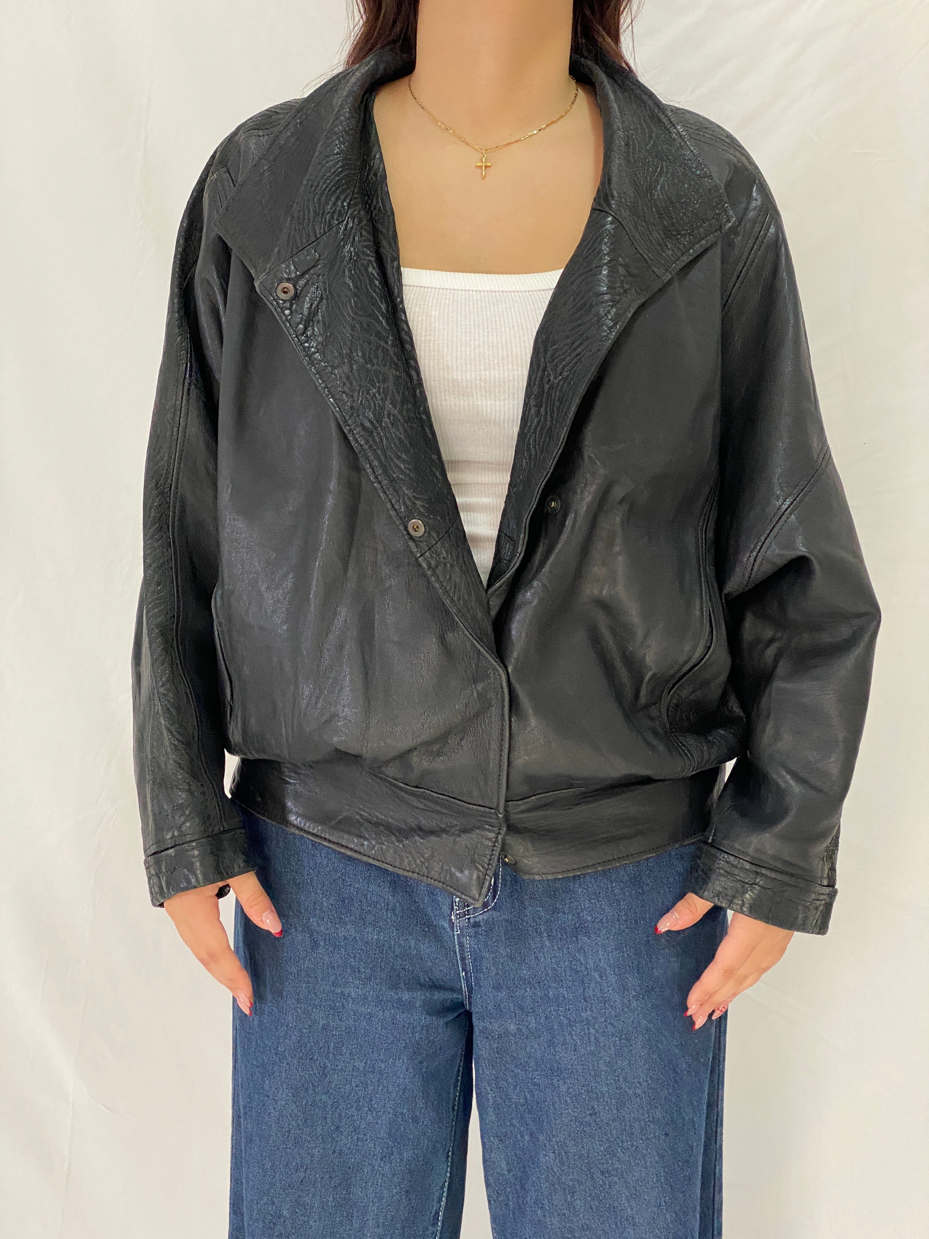 Vintage CAMPOY Black Genuine Leather Jacket Oversized Relaxed Fit Leather Coat - M