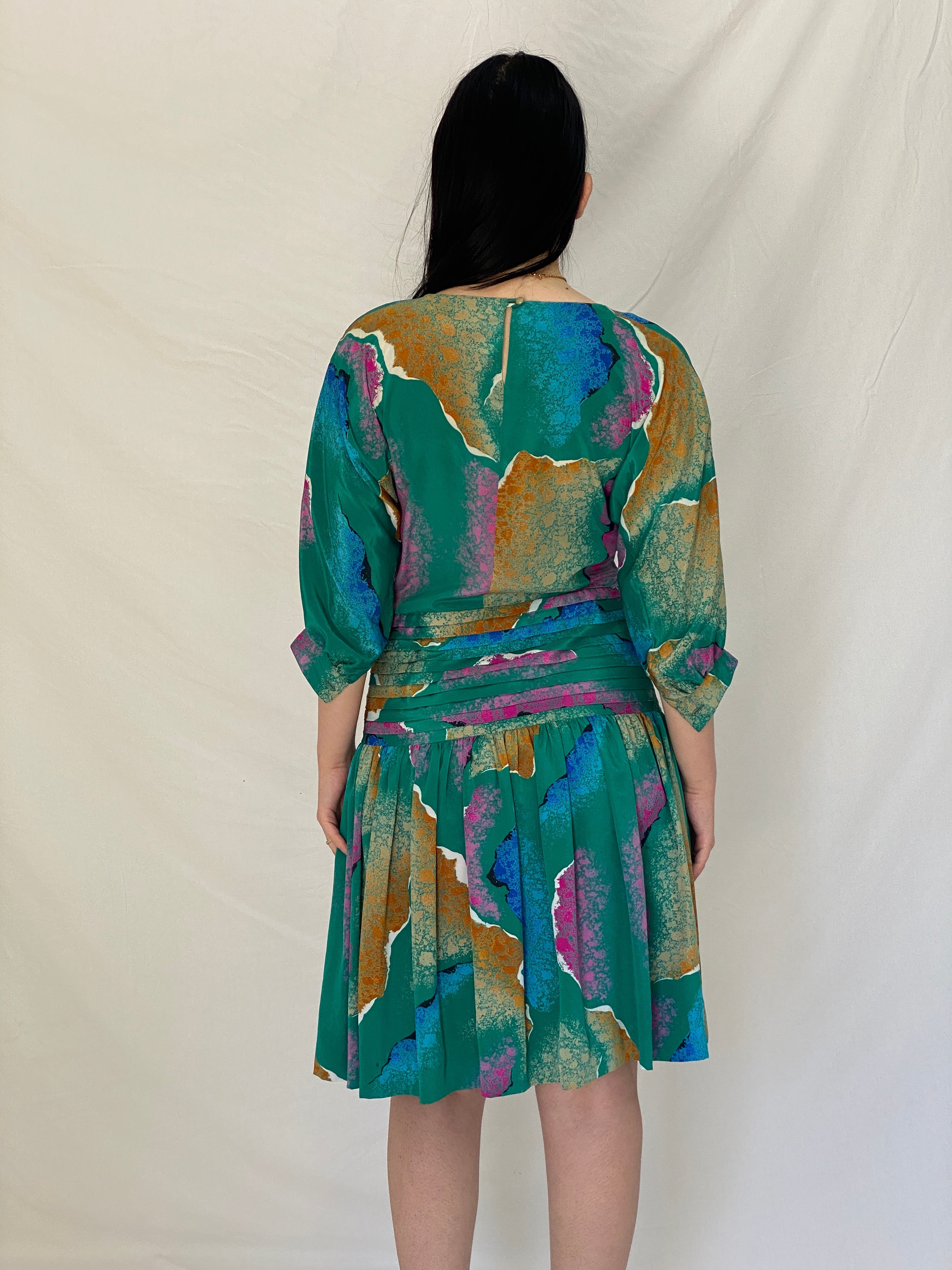 Vintage Silken Green Abstract Print Pleated Waist Midi Dress 80s 90s Statement Dress - M