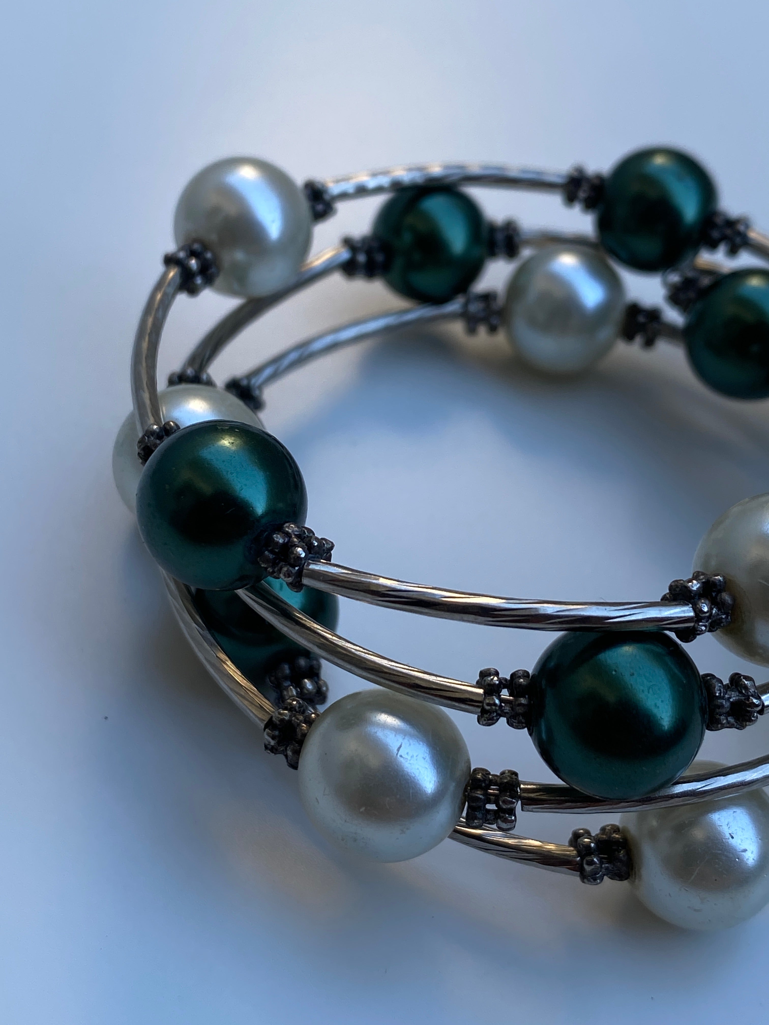 Vintage Silver-Tone Green & Ivory Faux Pearl Wire Wrap Multi-Strand Bracelet