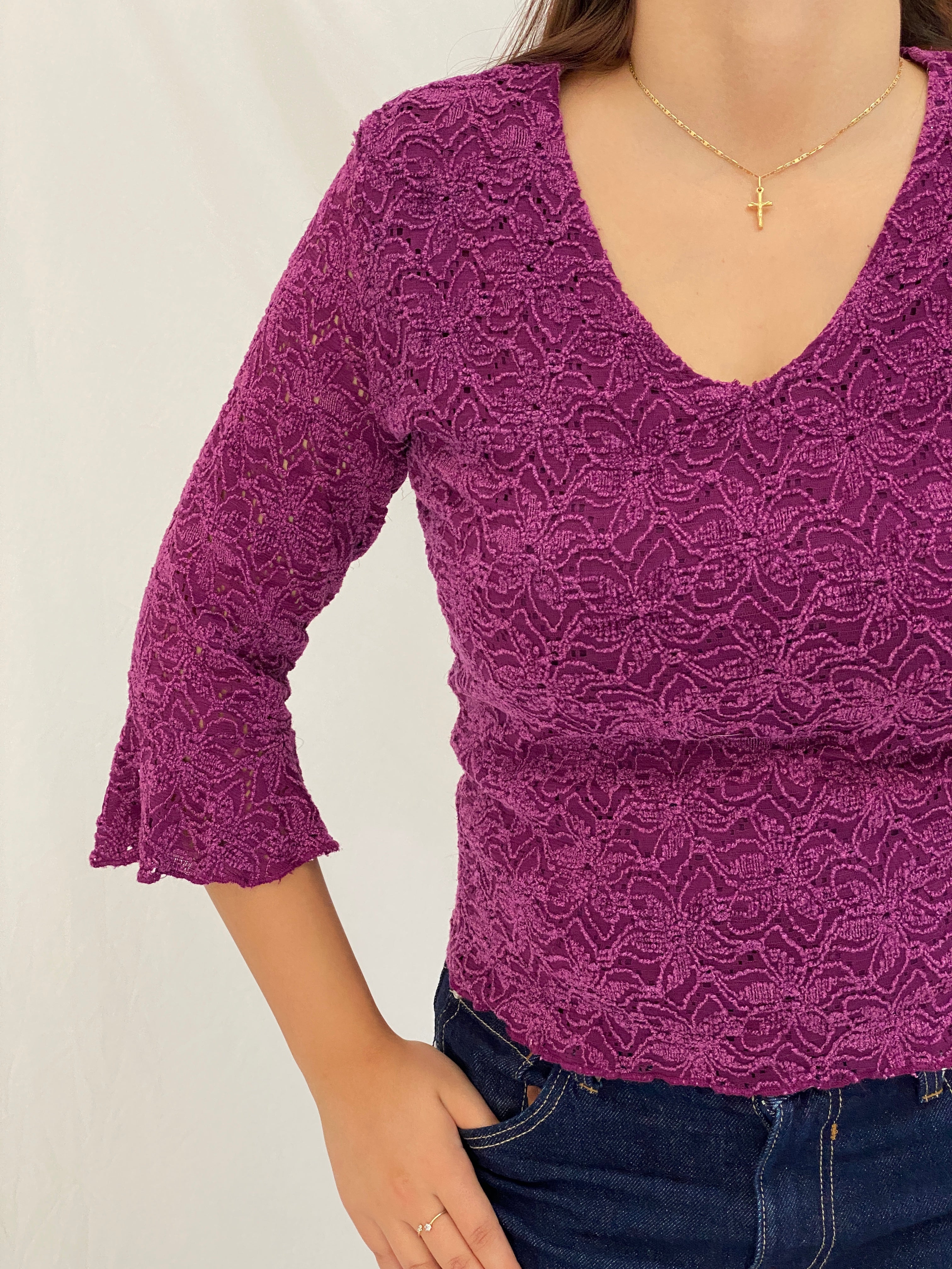 Vintage Y2K Studio 1940 Plum Purple Floral Lace V-Neck Top - L