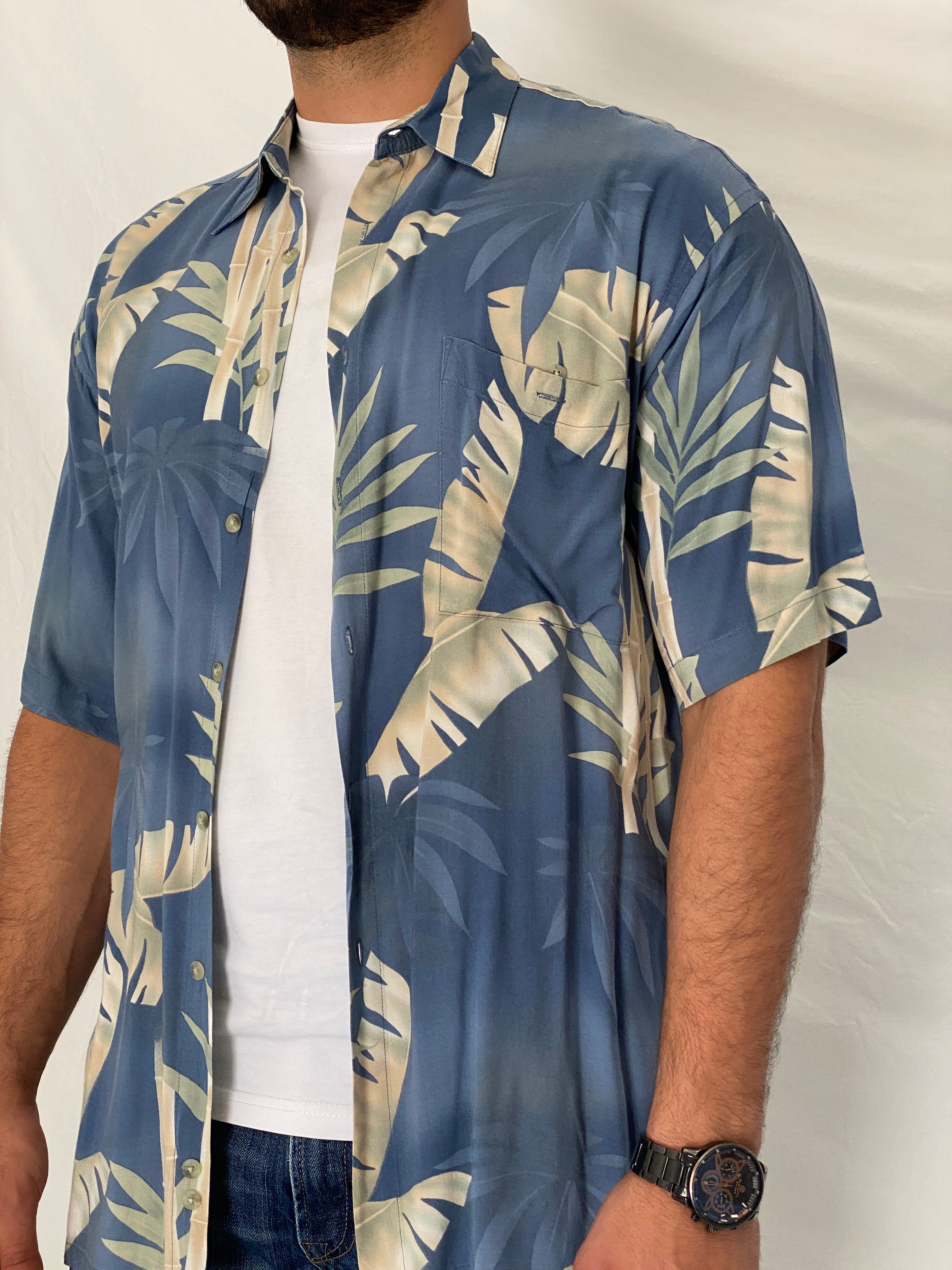 Vintage 90s Pierre Cardin Blue Tropical Rayon Hawaiian Shirt – L