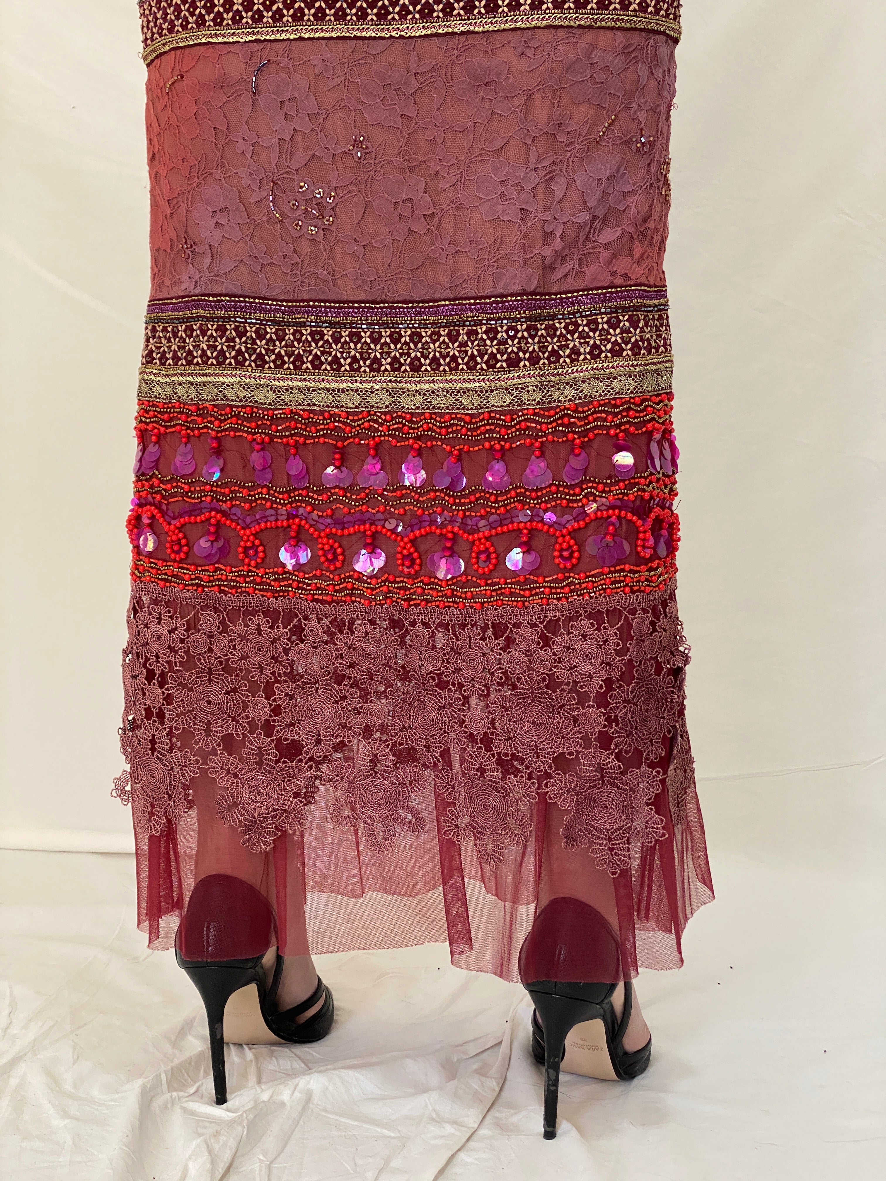 BRITISHINDIA Limited Edition Embellished Lace Maxi Skirt with Beaded Panels & Side Slit -S
