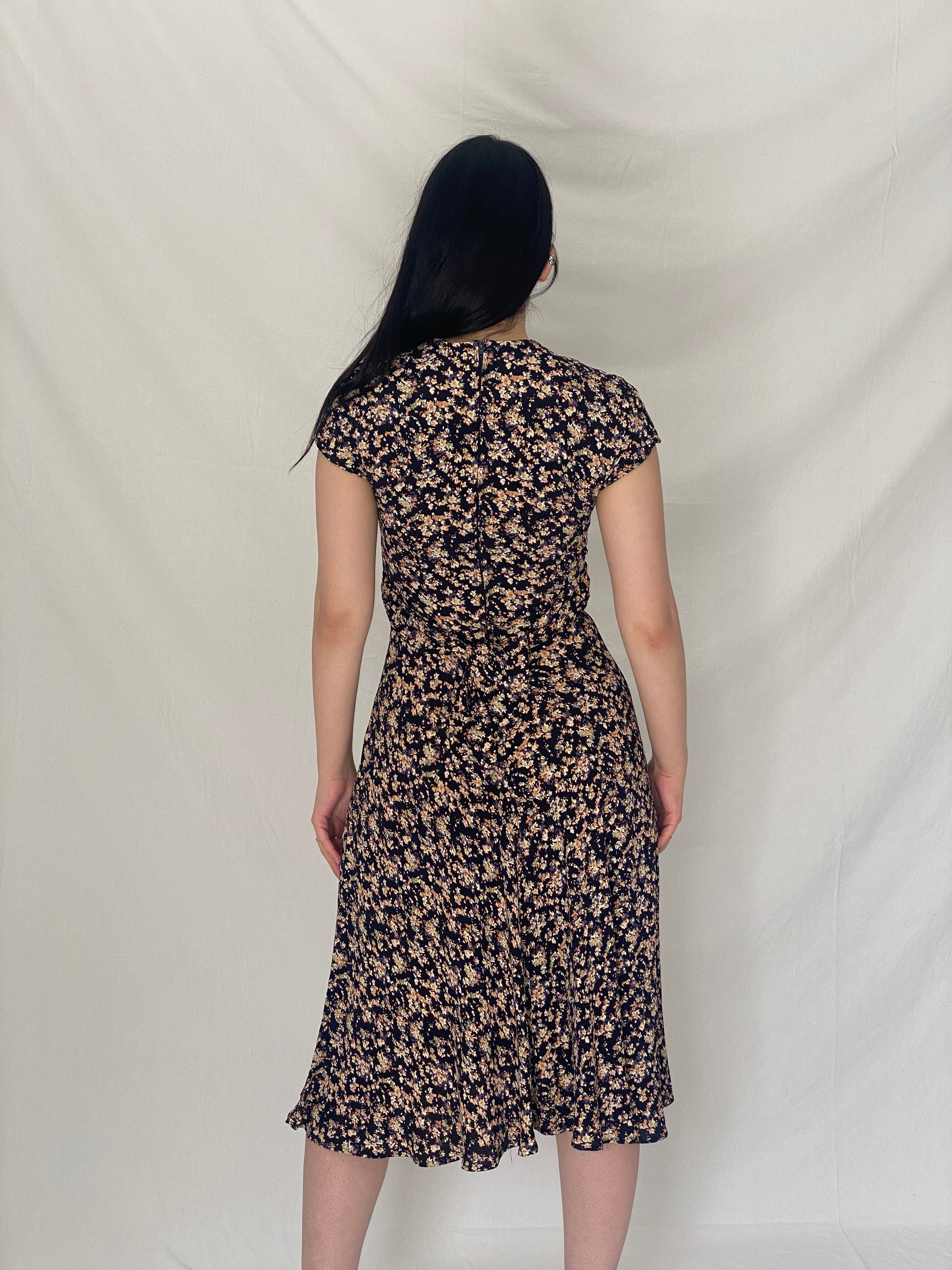 Vintage 90s Petite Sophisticate Black Floral Midi Dress with Tie Back - S