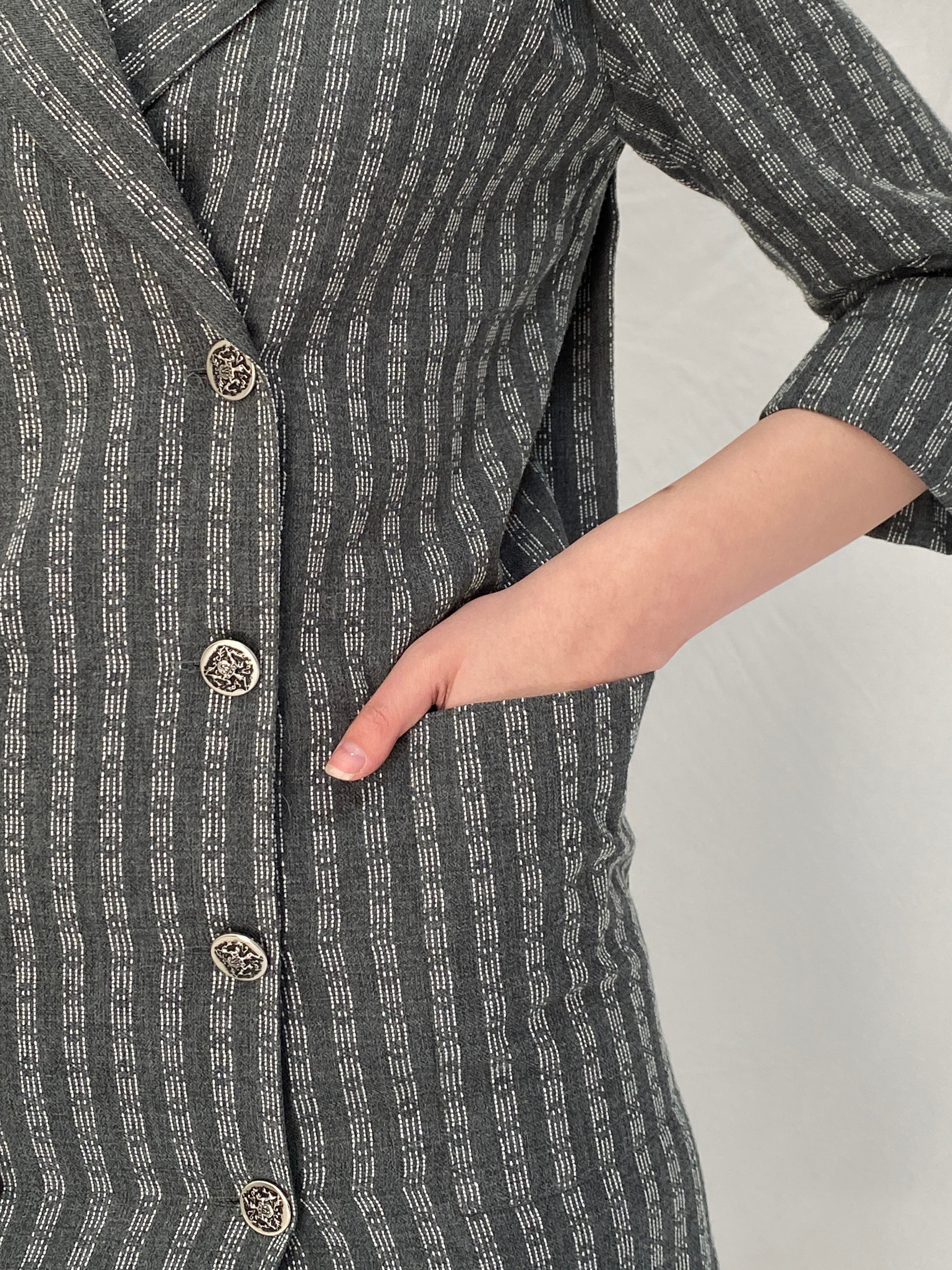 Vintage Leslie Fay Petites Gray Textured Double Breasted Blazer Dress - S