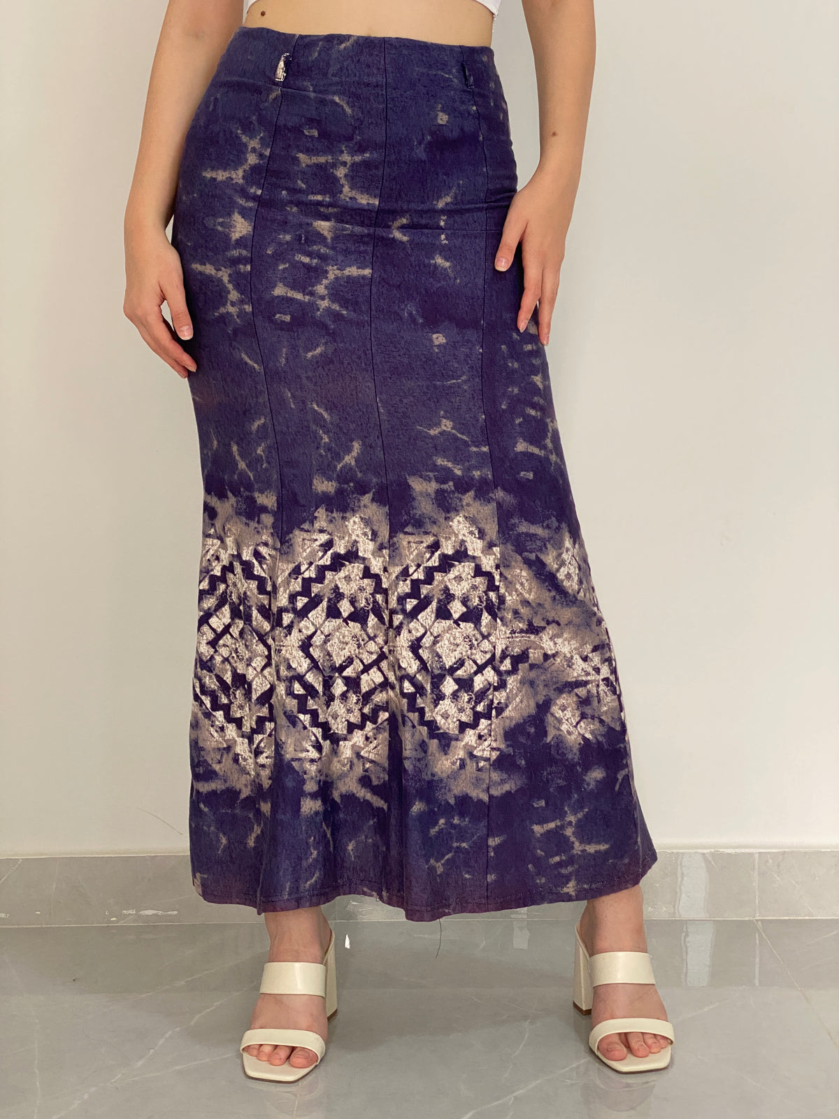 Vintage Fashionway Navy Blue Tie-Dye Geometric Flared Maxi Skirt – M