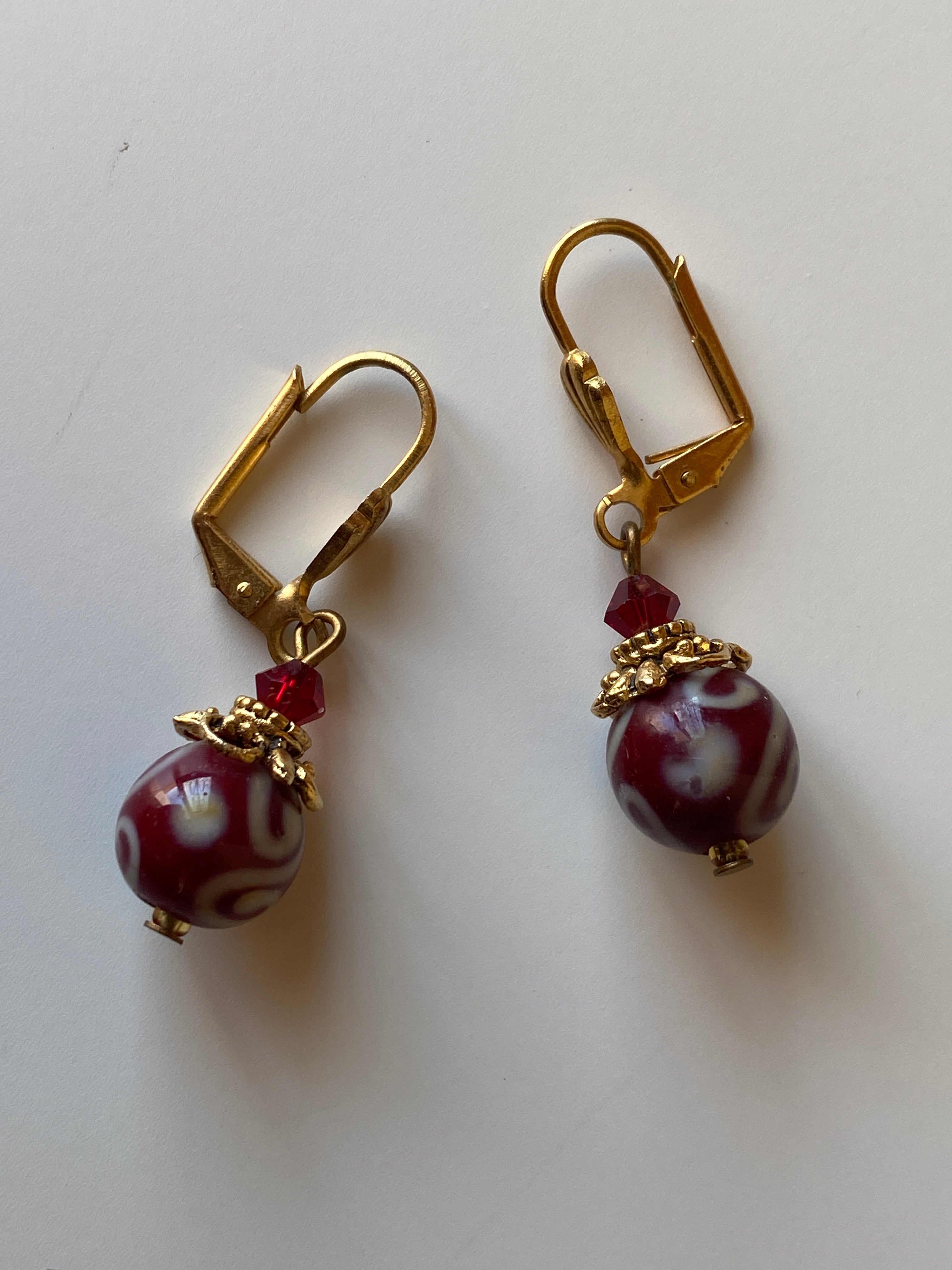 Vintage Burgundy Glass Bead Drop Earrings with Gold Tone Accents